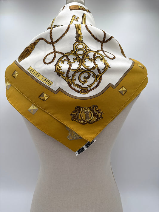 Vintage Hermès silk carré foulard, yellow, "Les cles" design.
