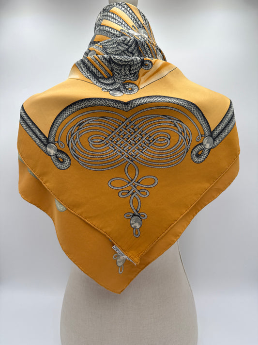 Vintage Hermès silk carré foulard, yellow, Brandebourgs design.