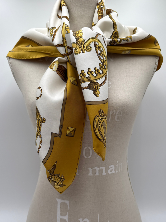 Vintage Hermès silk carré foulard, yellow, "Les cles" design.