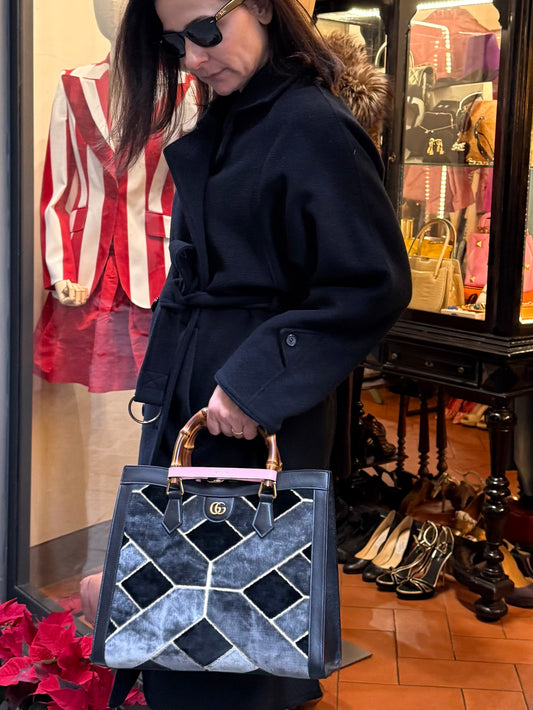 Gucci Diana in Velluto a Rombi Nero e Grigio