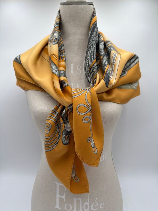 Vintage Hermès silk carré foulard, yellow, Brandebourgs design.