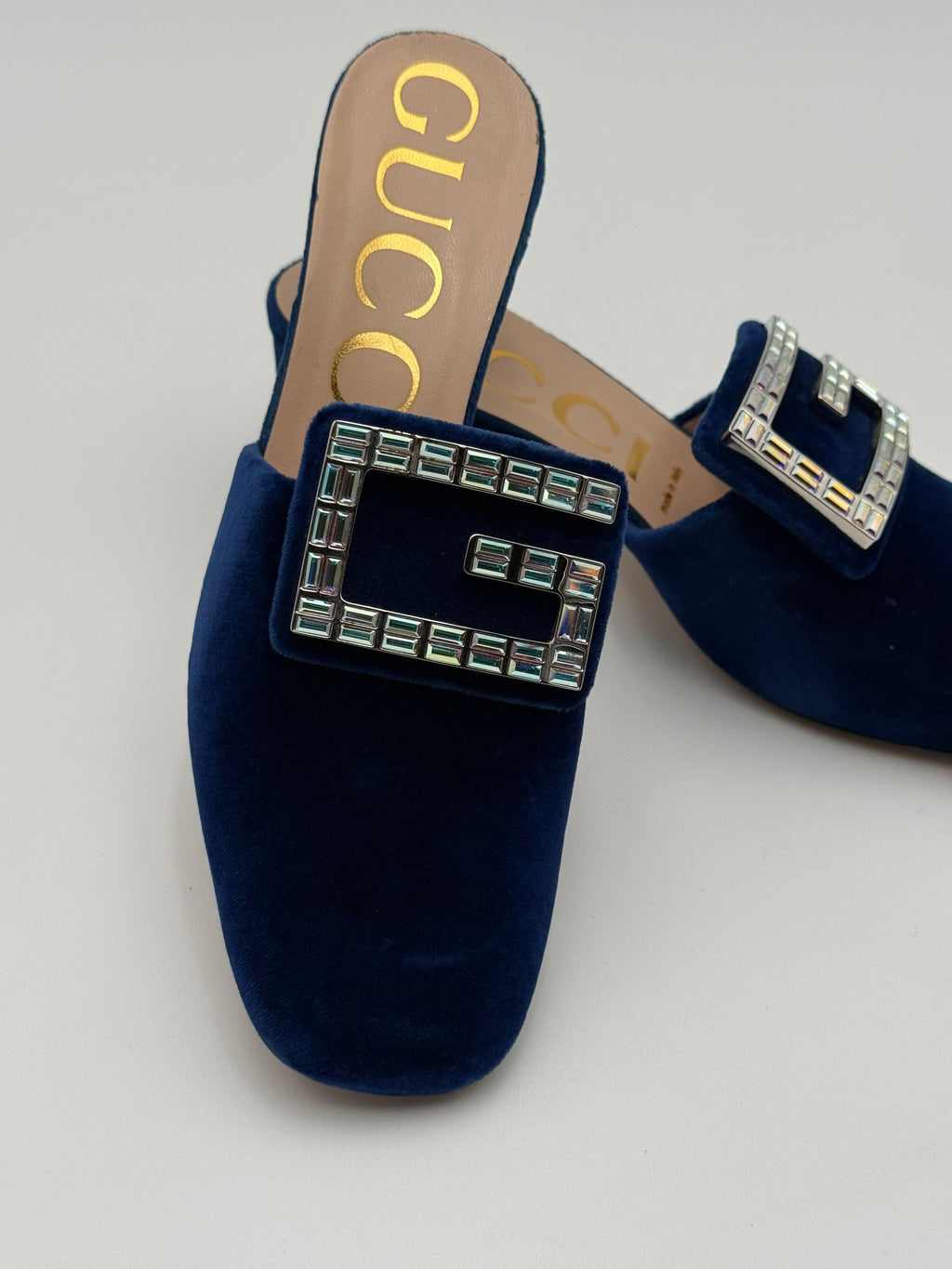 Gucci Madelyn Blue Velvet Mules with Crystal G Buckle