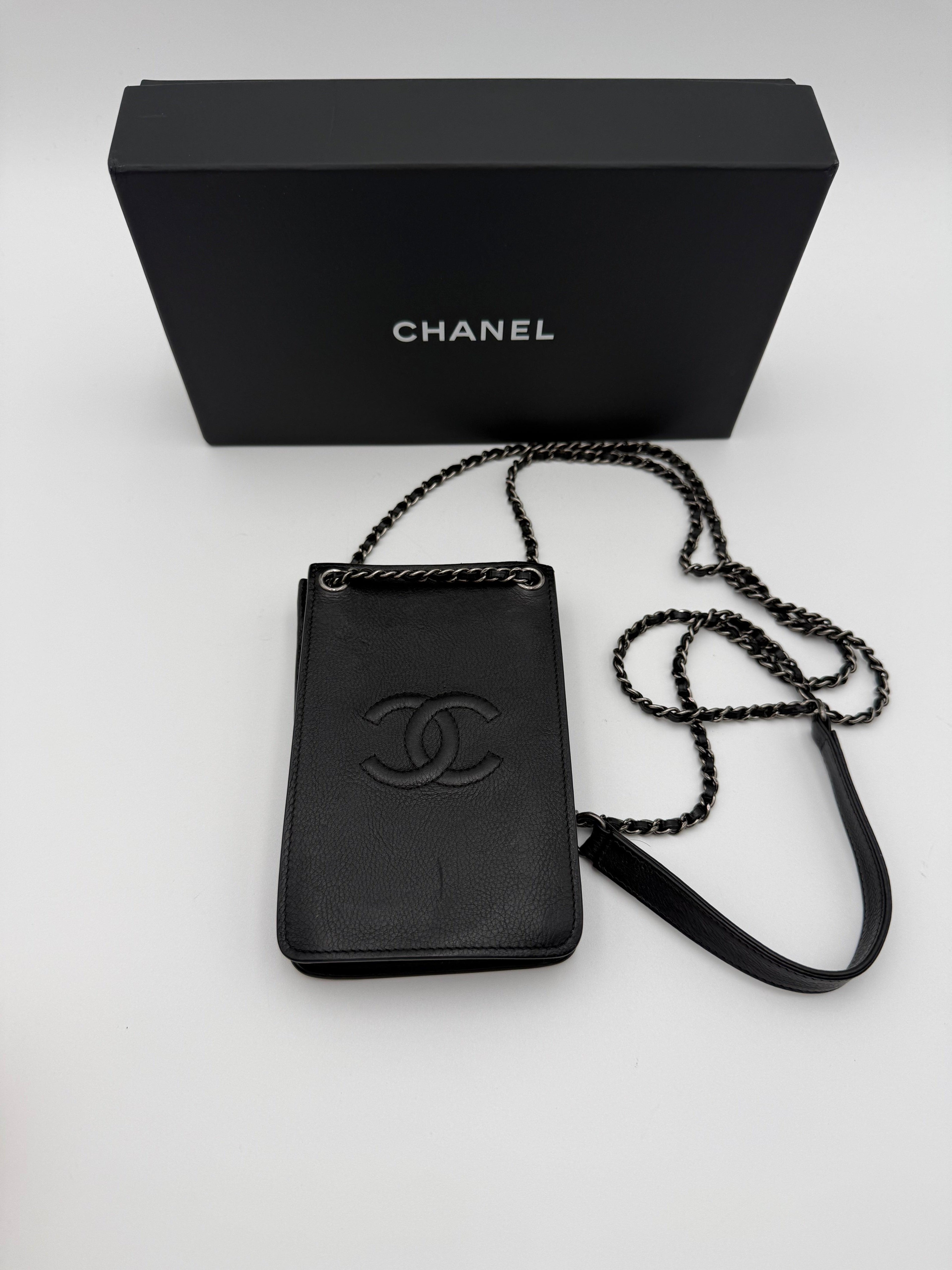 Chanel vintage black leather phone holder