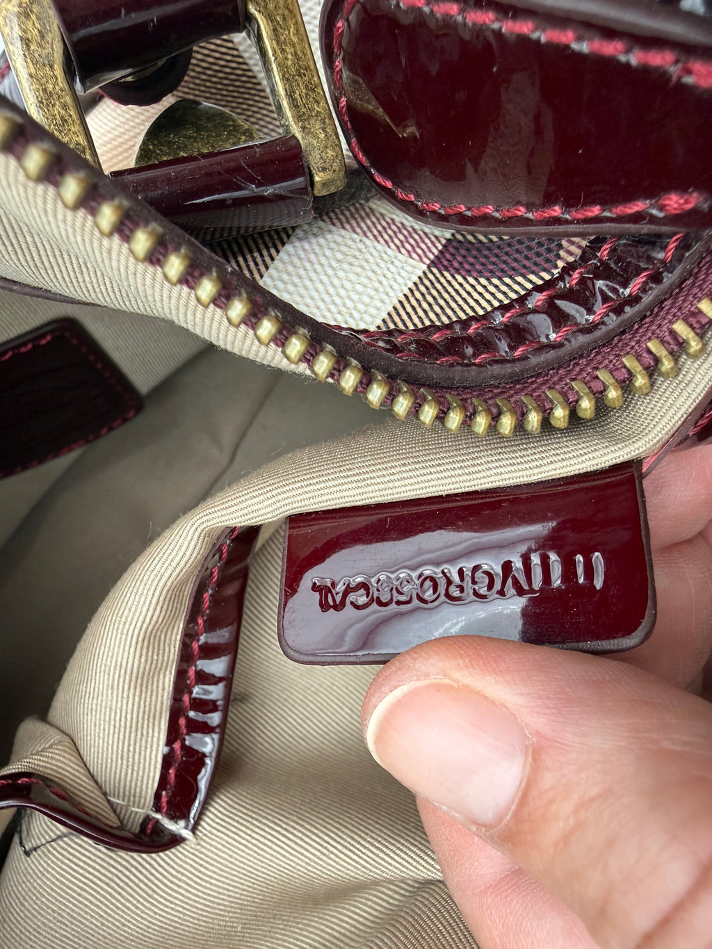 Borsa Burberry Studded Bowling Bag in Canvas House Check e Vernice
