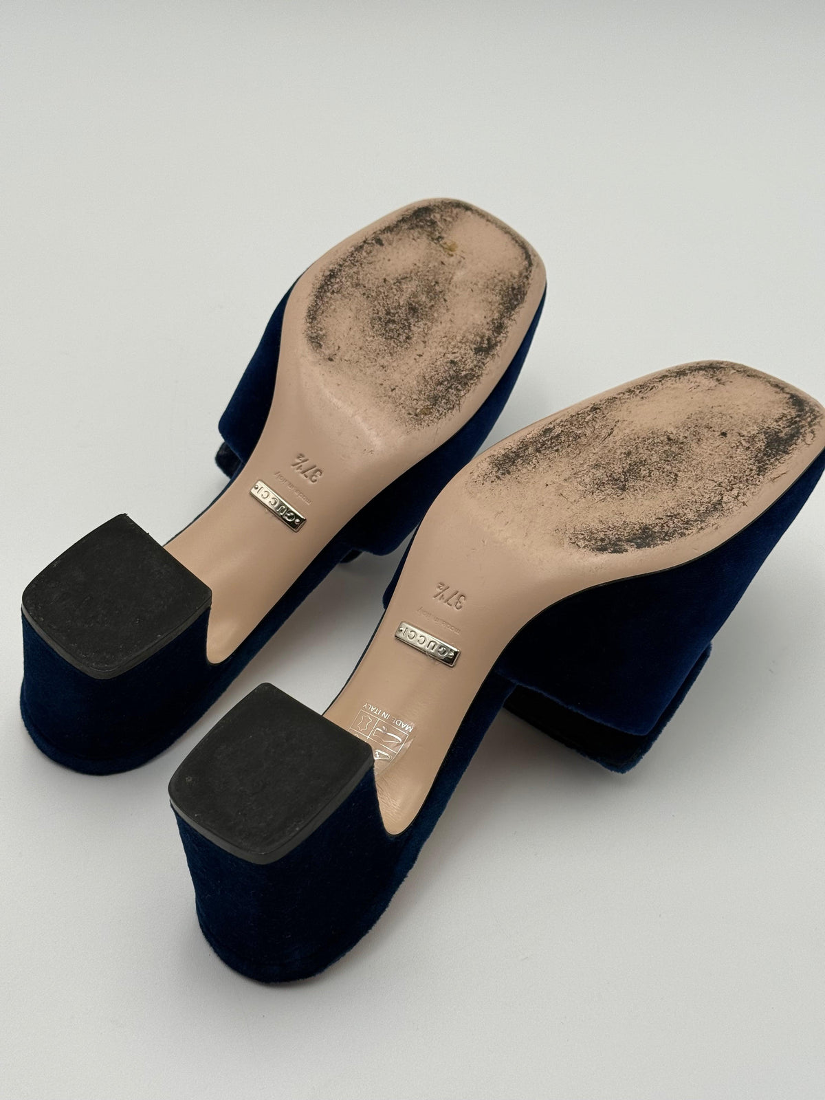 Gucci Madelyn Blue Velvet Mules with Crystal G Buckle