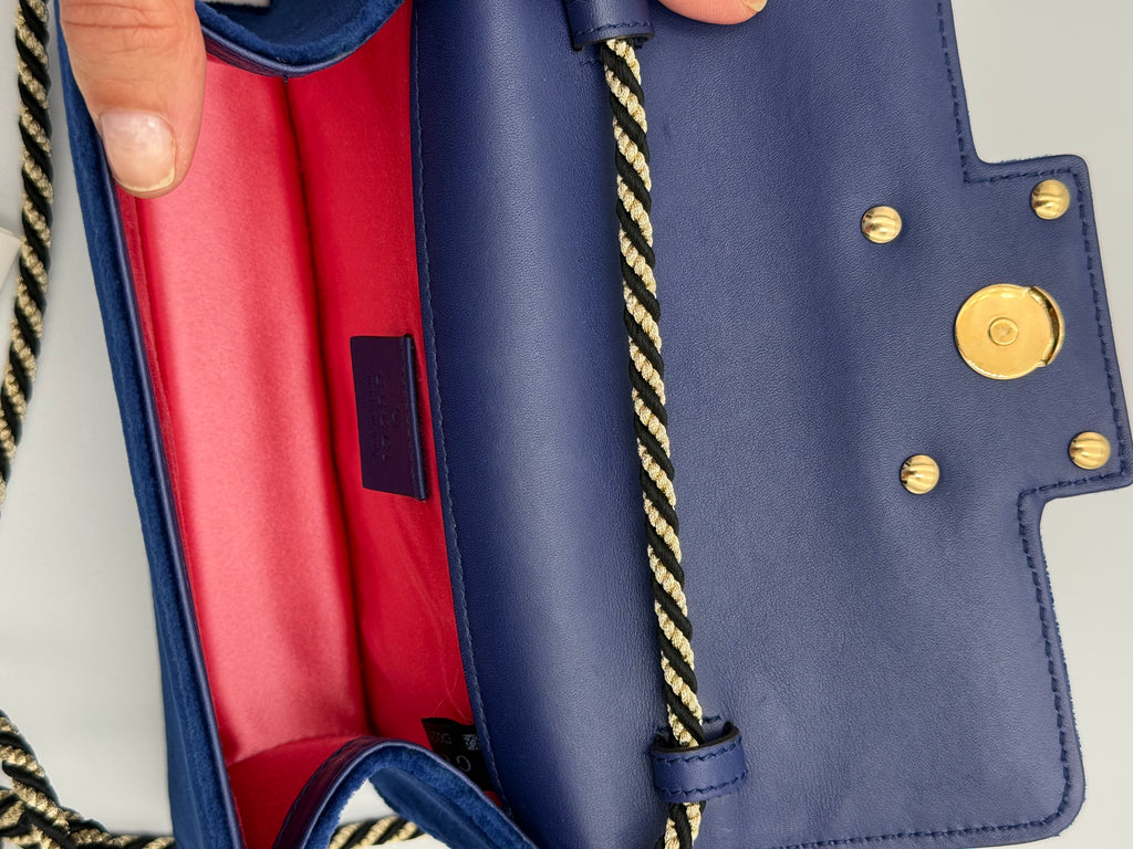Gucci Broadway in velluto Blu con Fibbia G in Cristalli