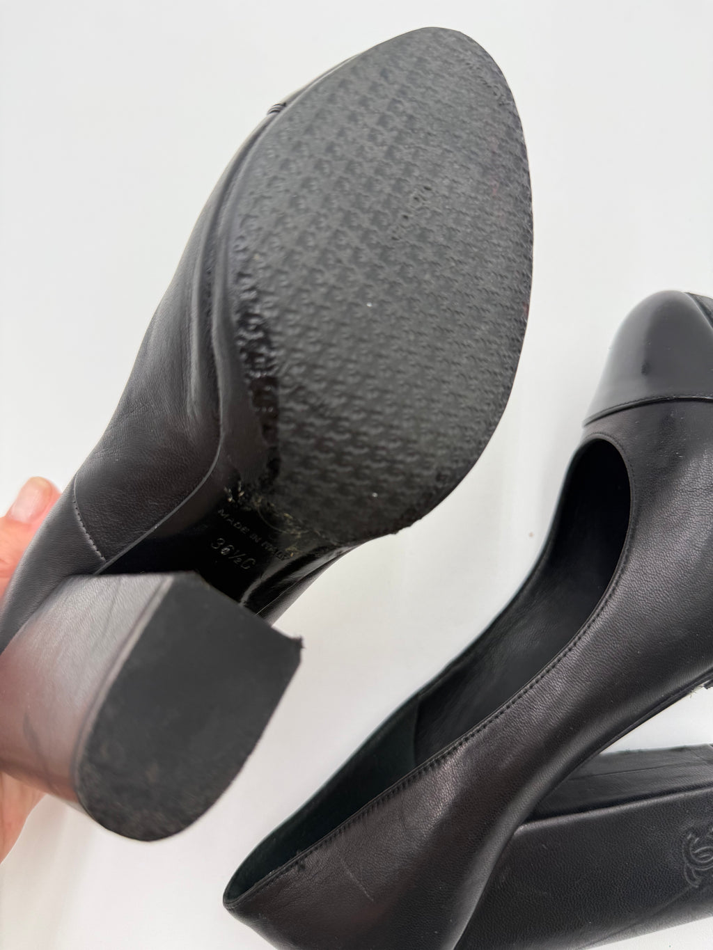 Chanel Black Leather and Patent Leather Cap-Toe Pumps
