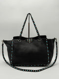 Valentino Garavani Borsa Tote Rockstud Medium Rolling in Pelle Granata Nera e Pietre Turchese - Mercatino di Ninni
