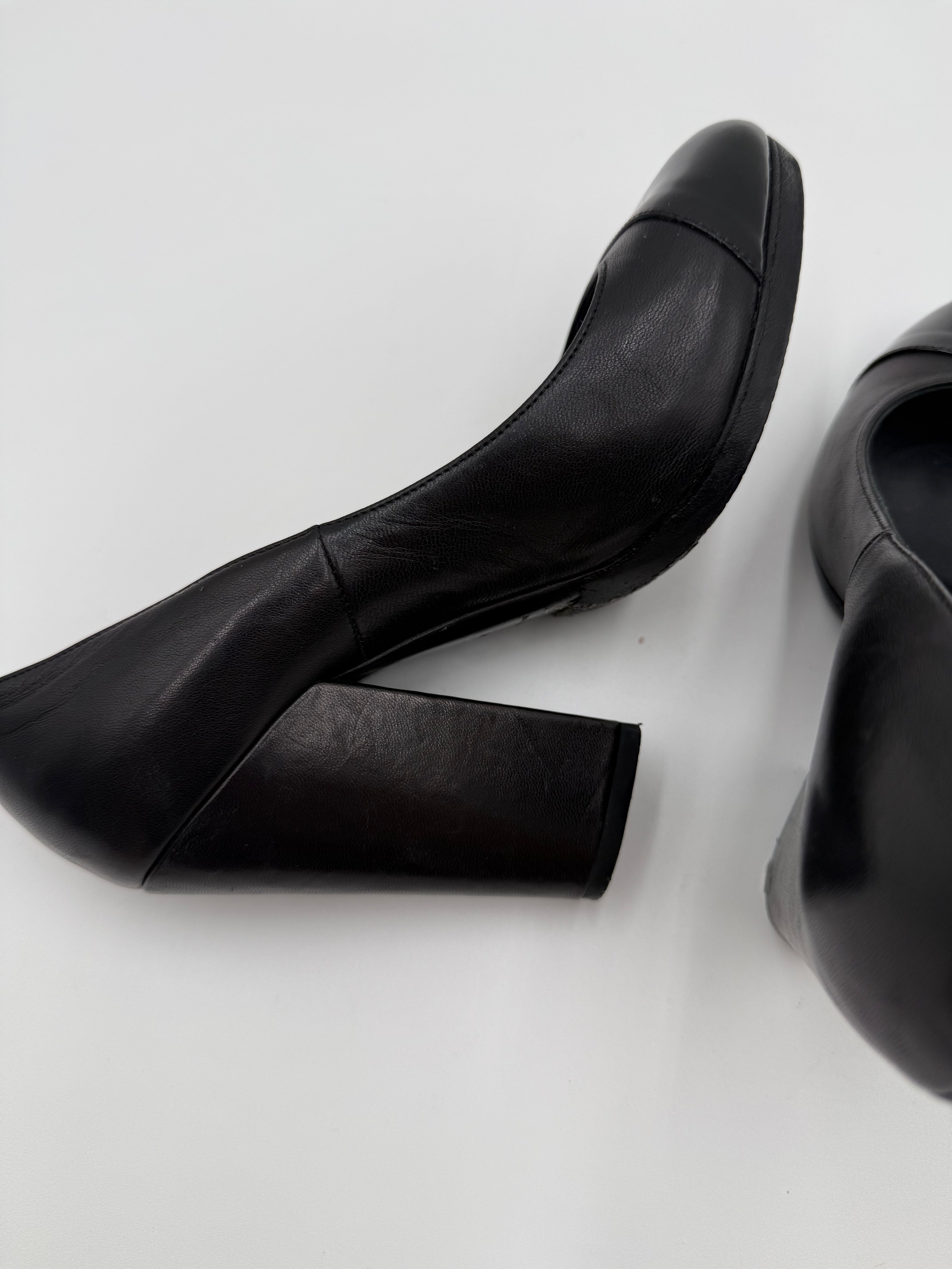 Chanel Black Leather and Patent Leather Cap-Toe Pumps