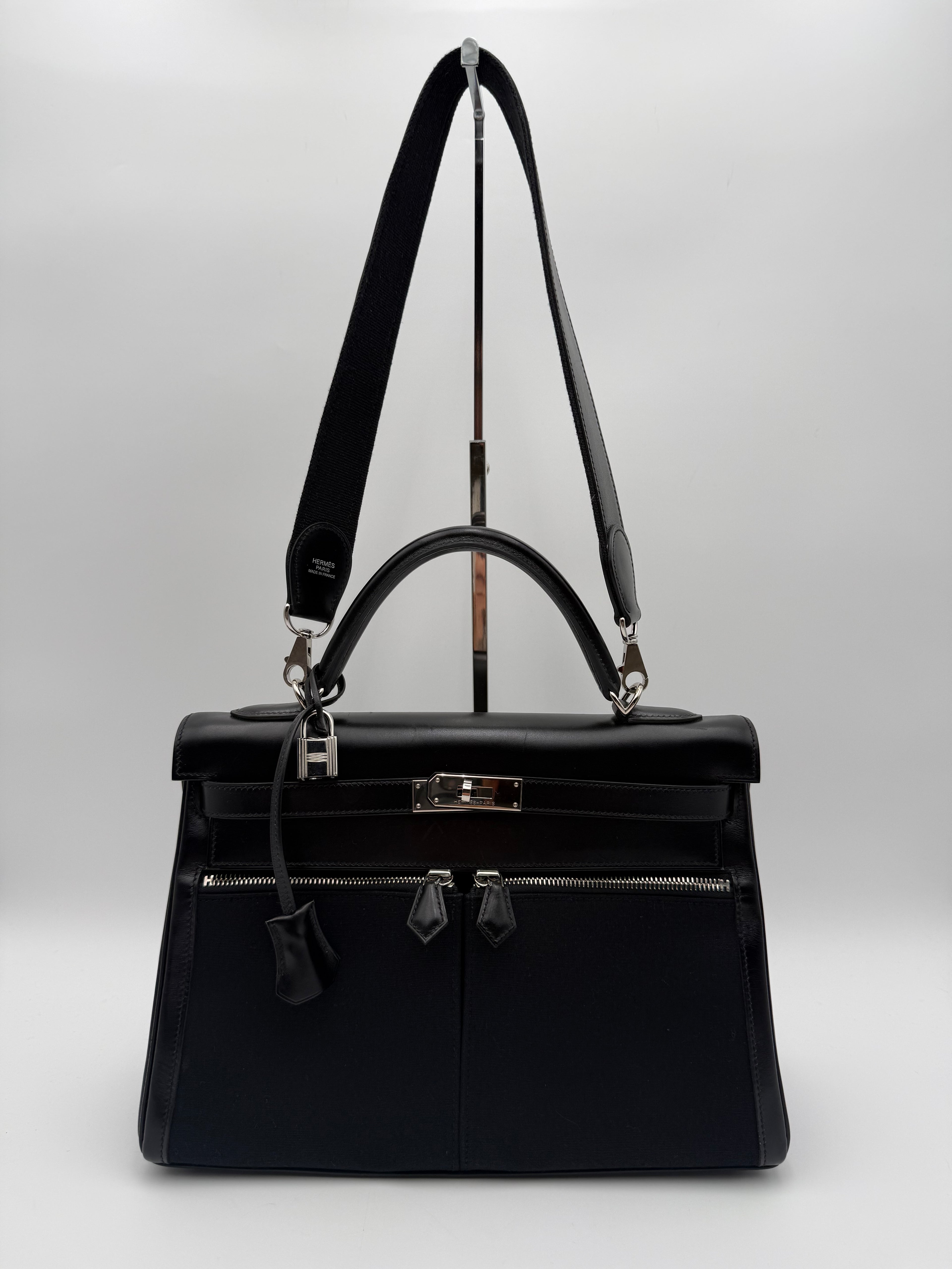 Borsa Hermès kelly Lakis 32 Vintage in Pelle Box e Tela Toile Nera