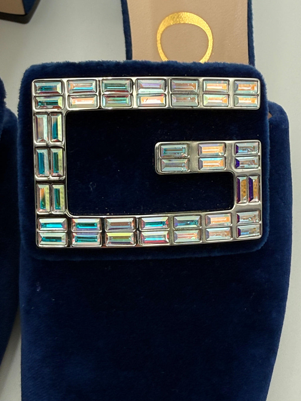Gucci Madelyn Blue Velvet Mules with Crystal G Buckle