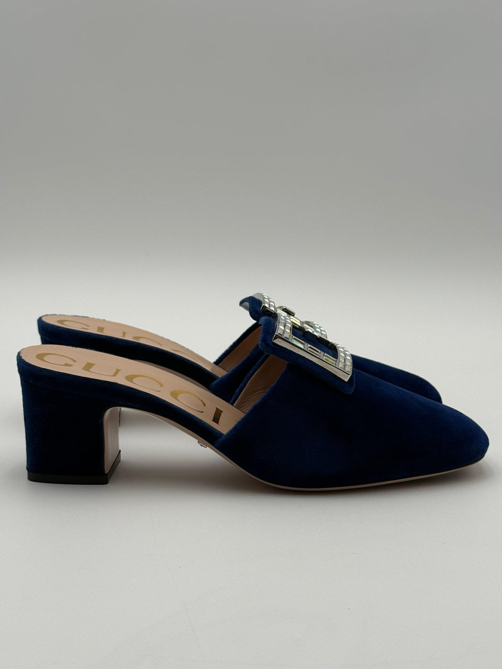 Gucci Madelyn Blue Velvet Mules with Crystal G Buckle