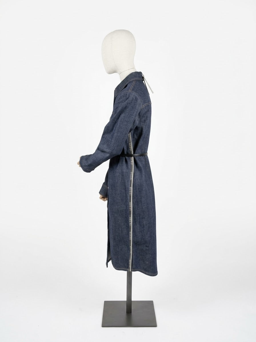 Gucci Abito Chemisier in  Denim Scuro con Cintura e Banda Logo