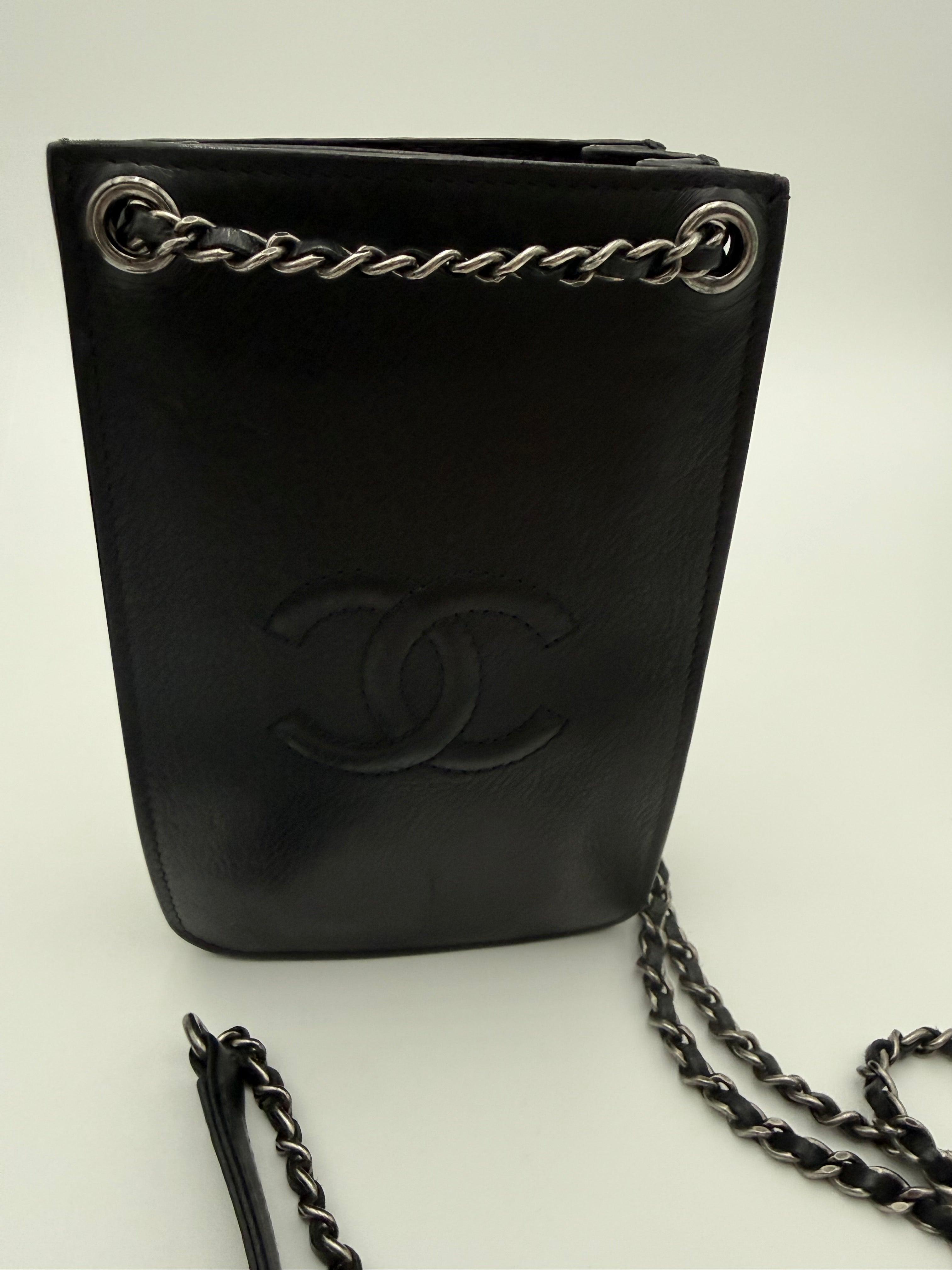 Chanel vintage black leather phone holder