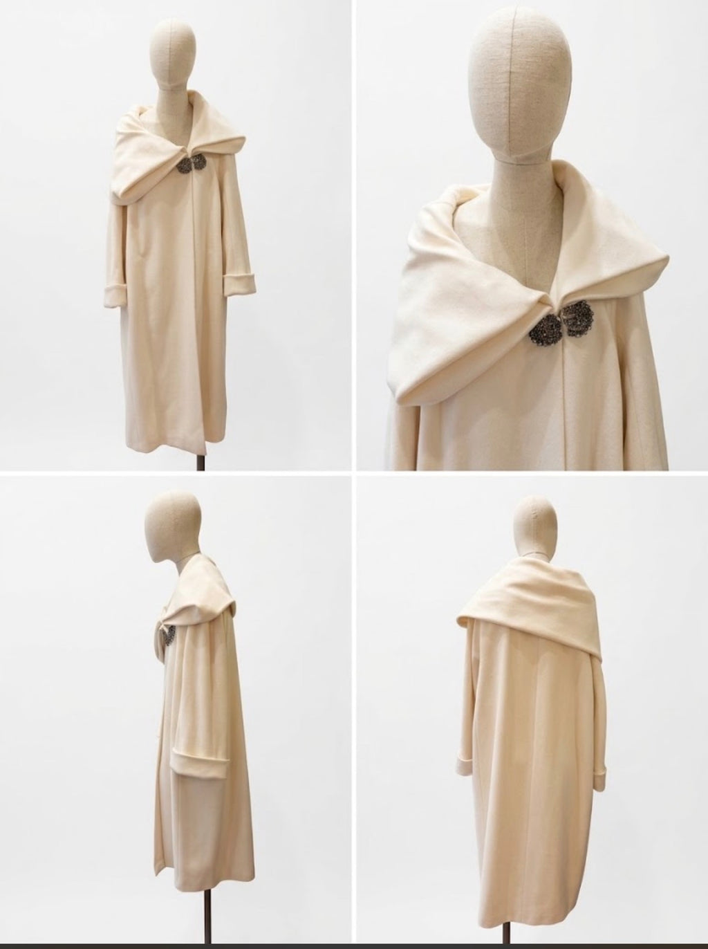 Cappotto Couture  Salvatore Ferragamo  Creations in Lana Panna con Maxi collo a Sciarpa e bottoni Gioiello