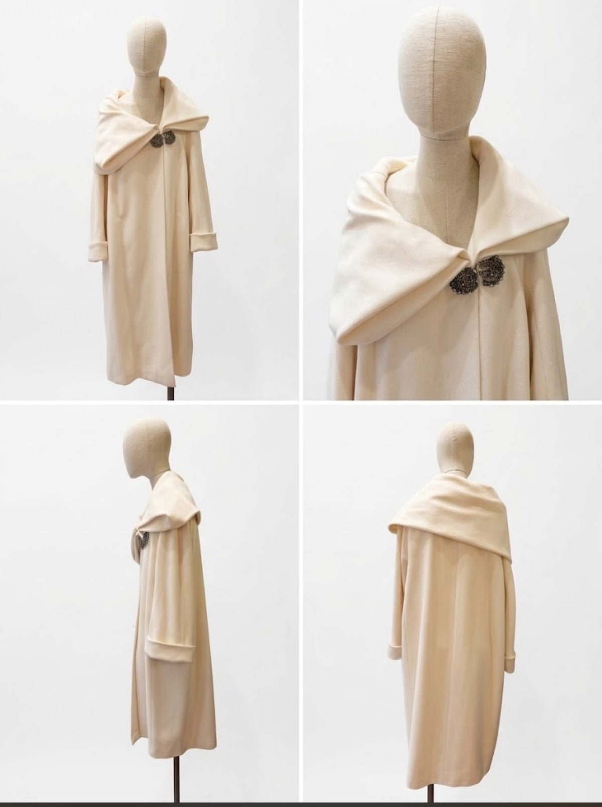 Cappotto Couture  Salvatore Ferragamo  Creations in Lana Panna con Maxi collo a Sciarpa e bottoni Gioiello
