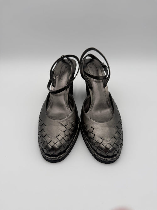 Bottega Veneta Sandali Zeppa in Pelle Intrecciata Grigio Canna di Fucile - Mercatino di Ninni