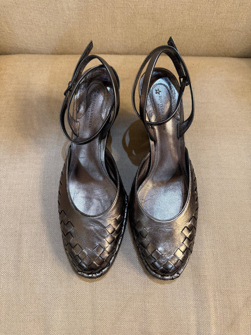 Bottega Veneta Sandali Zeppa in Pelle Intrecciata Grigio Canna di Fucile - Mercatino di Ninni