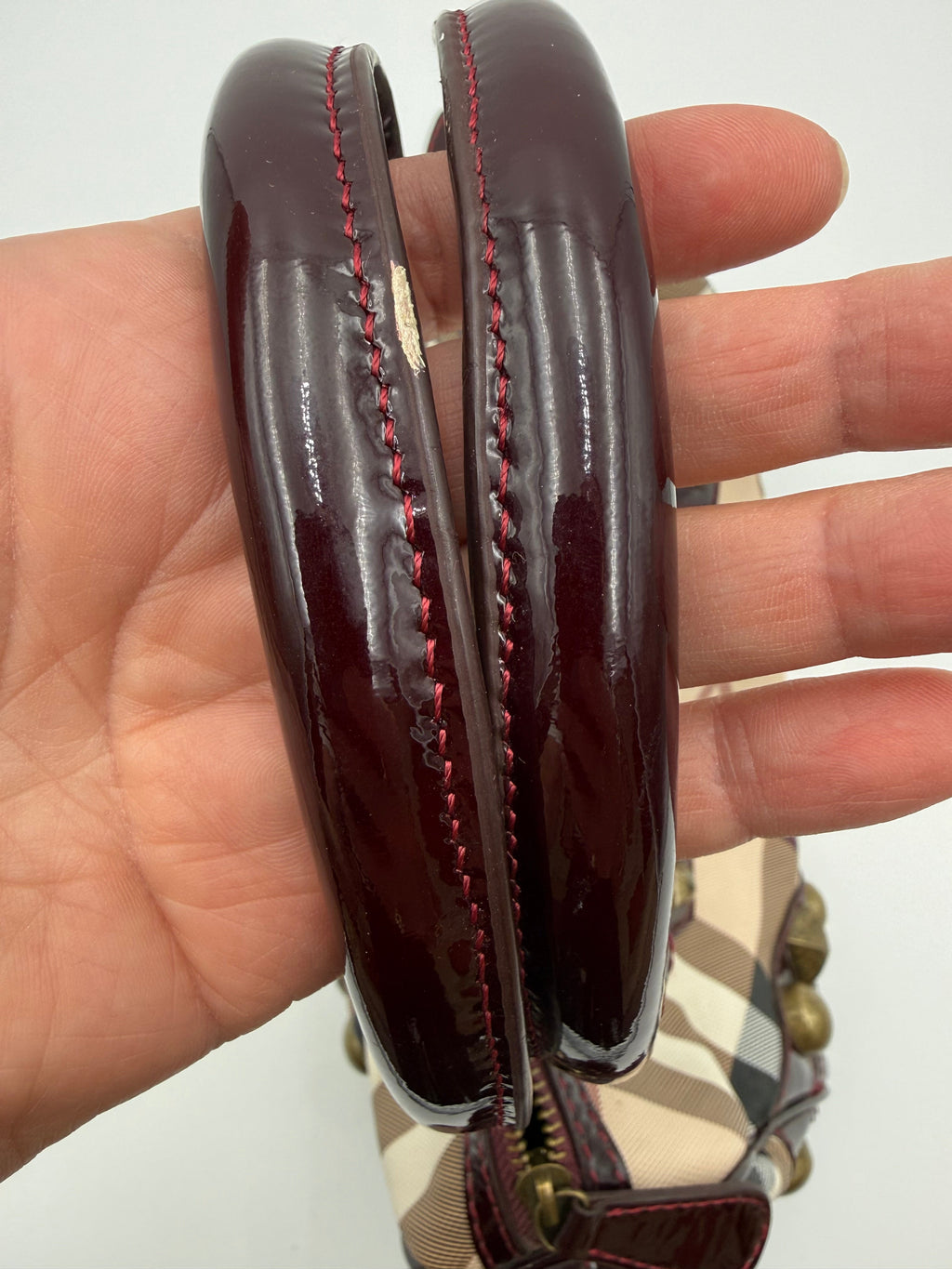 Burberry Borsa Studded Bowling in Canvas House Check e Vernice Bordeaux - Mercatino di Ninni