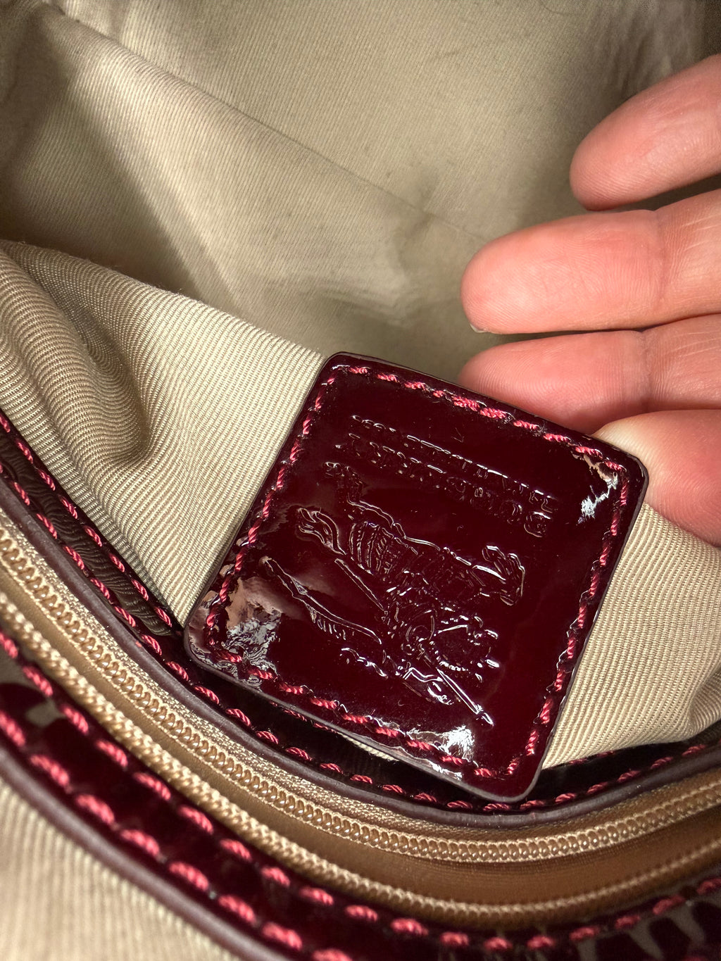 Burberry Borsa Studded Bowling in Canvas House Check e Vernice Bordeaux - Mercatino di Ninni