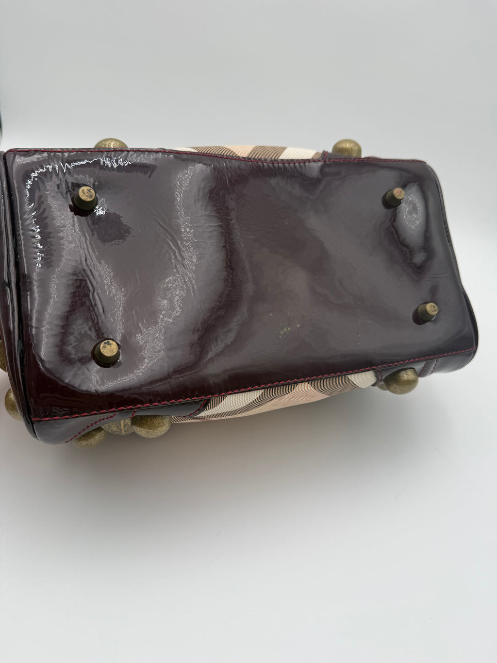 Burberry Borsa Studded Bowling in Canvas House Check e Vernice Bordeaux - Mercatino di Ninni