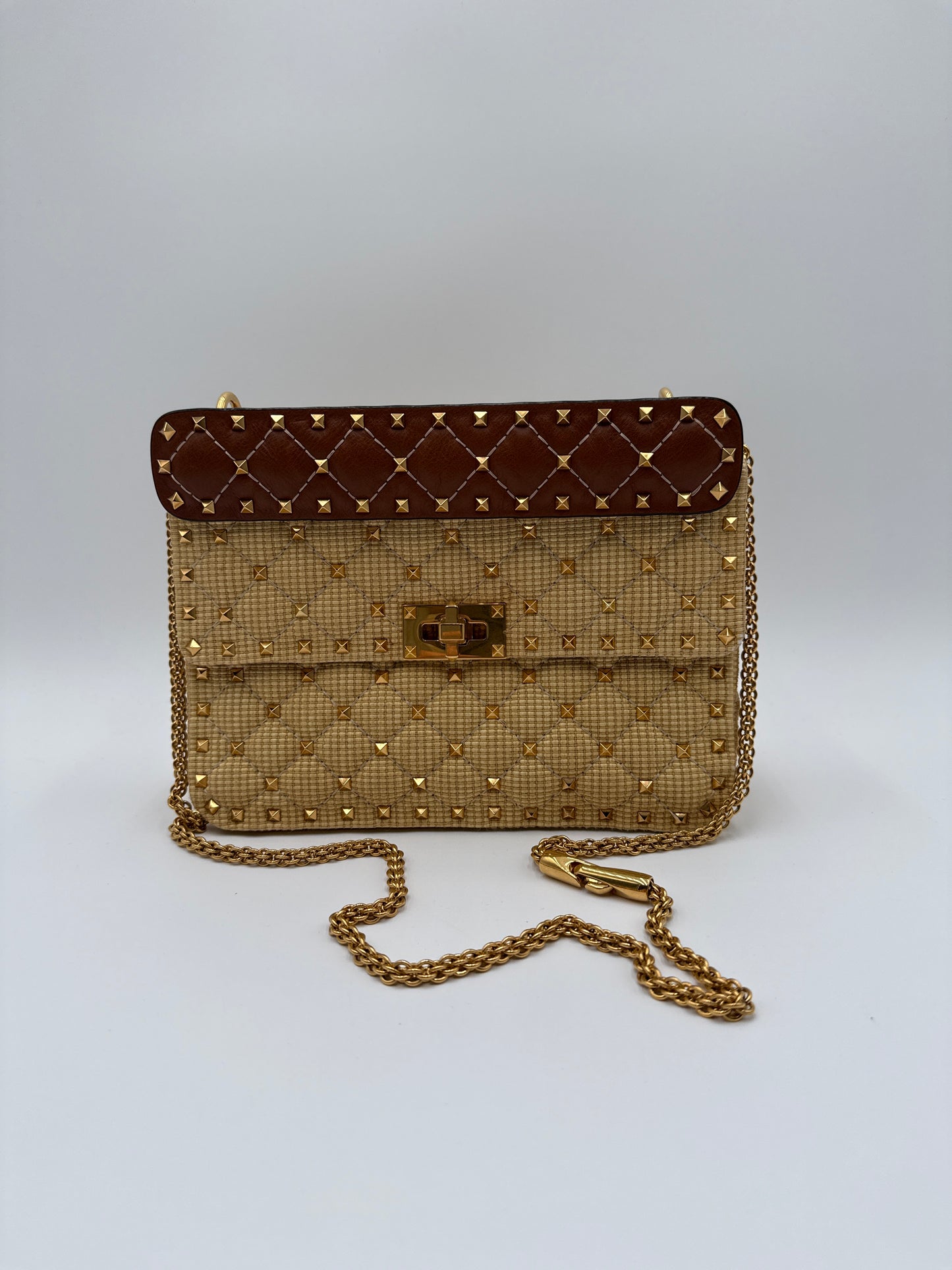 Valentino  Garavani Borsa Rockstud Spike in Raffia naturale e Pelle