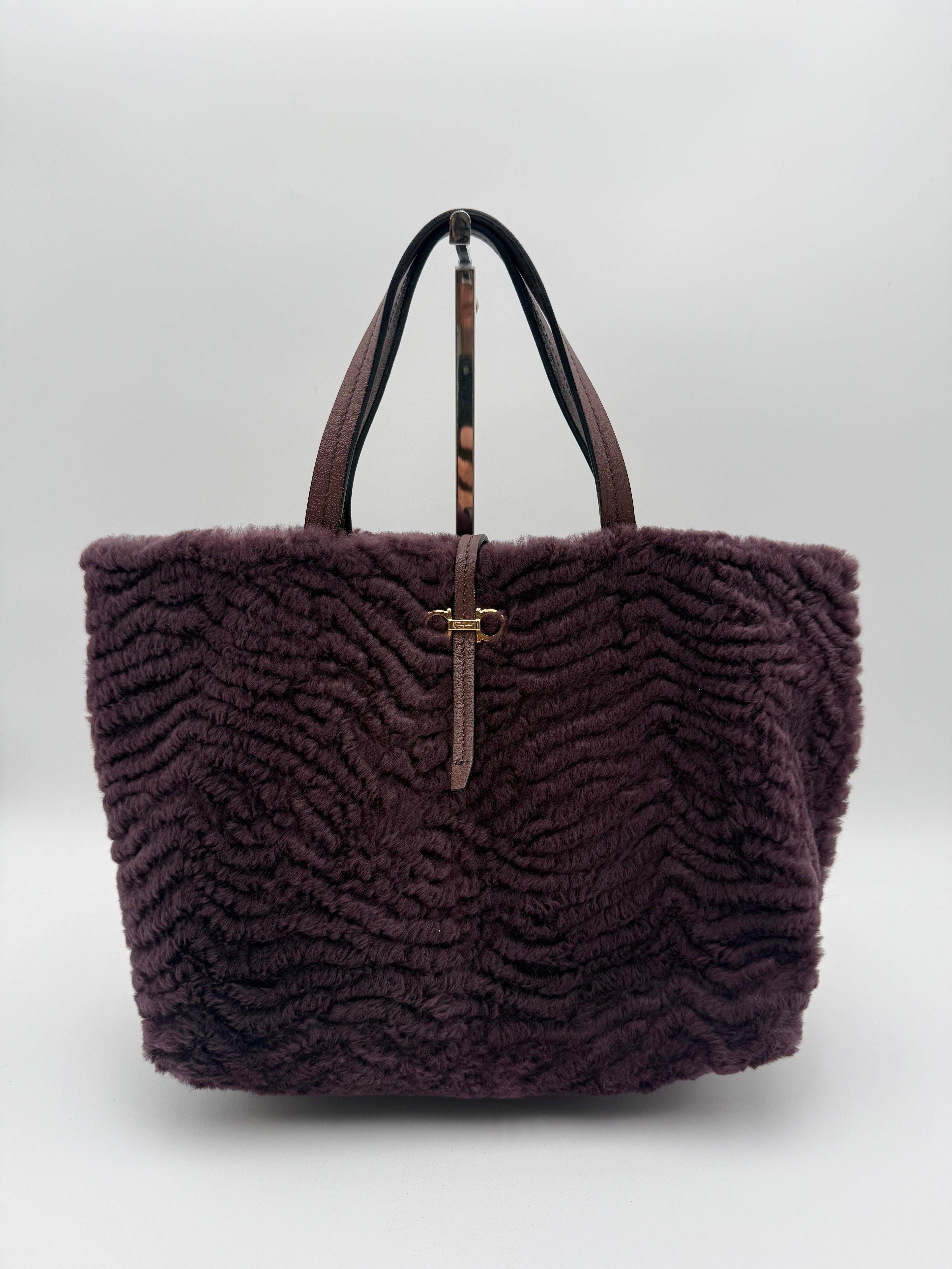 Salvatore Ferragamo Bordeaux-Plum Shearling Tote Bag
