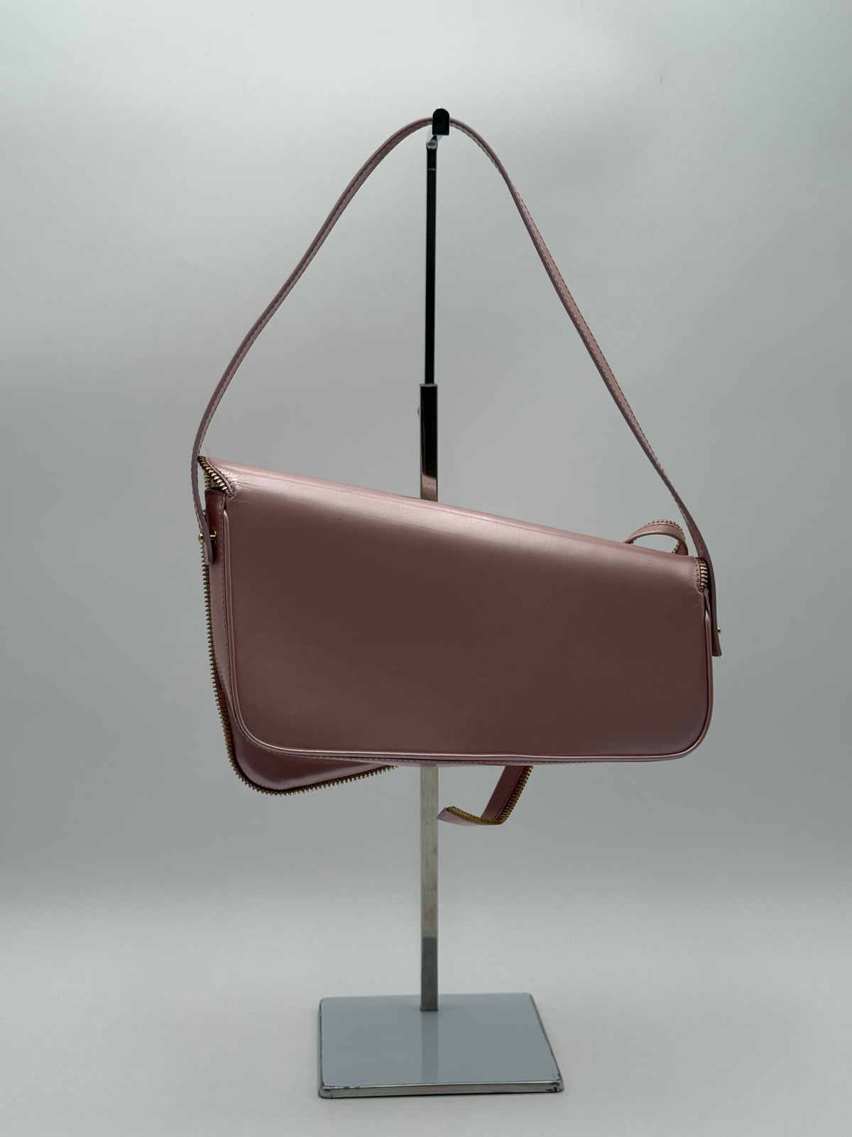 Christian Dior Saddle Zipper BowVintage in Pelle Rosa cipria Metallizzata