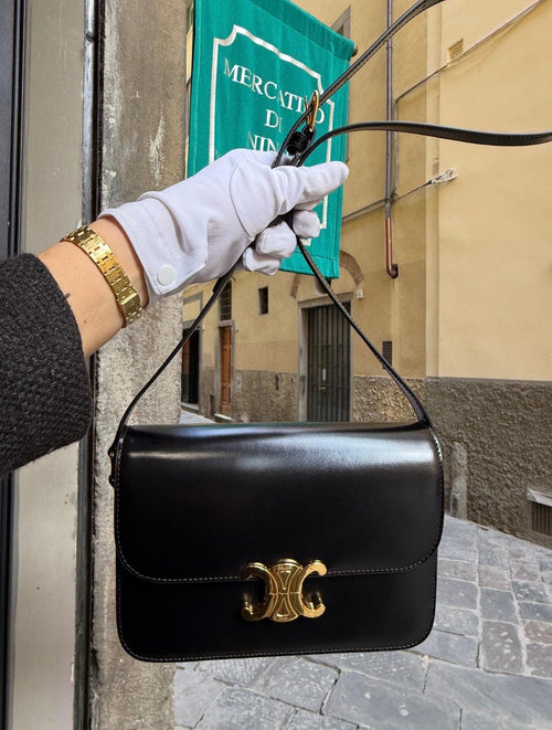 Celine Medium Triomphe Bag with Shoulder Strap in Black Leather