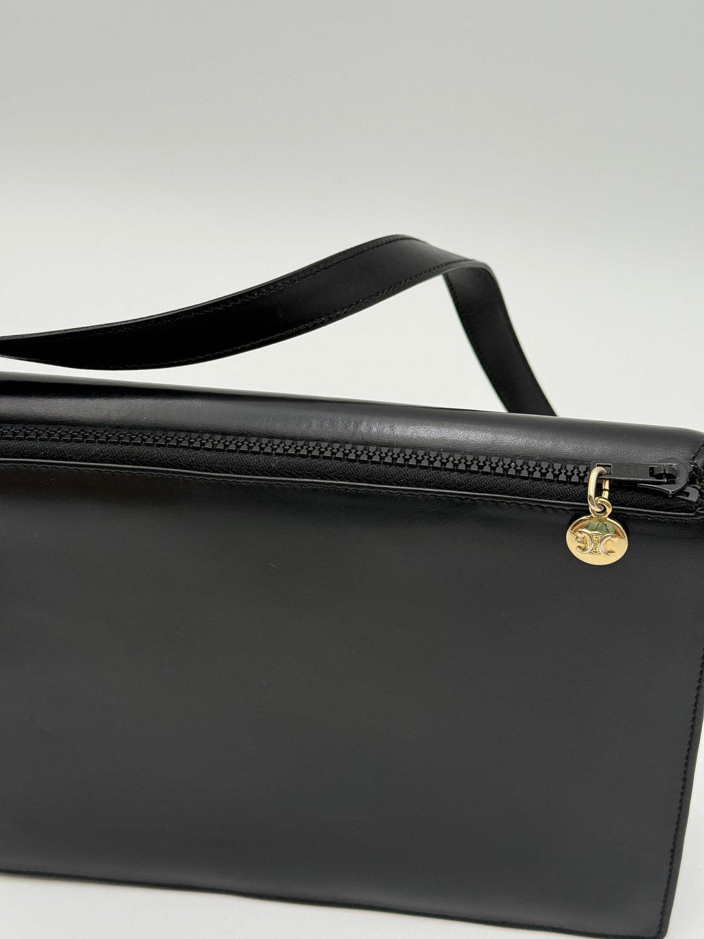 Celine Vintage Black Leather Triomphe Logo Shoulder Bag