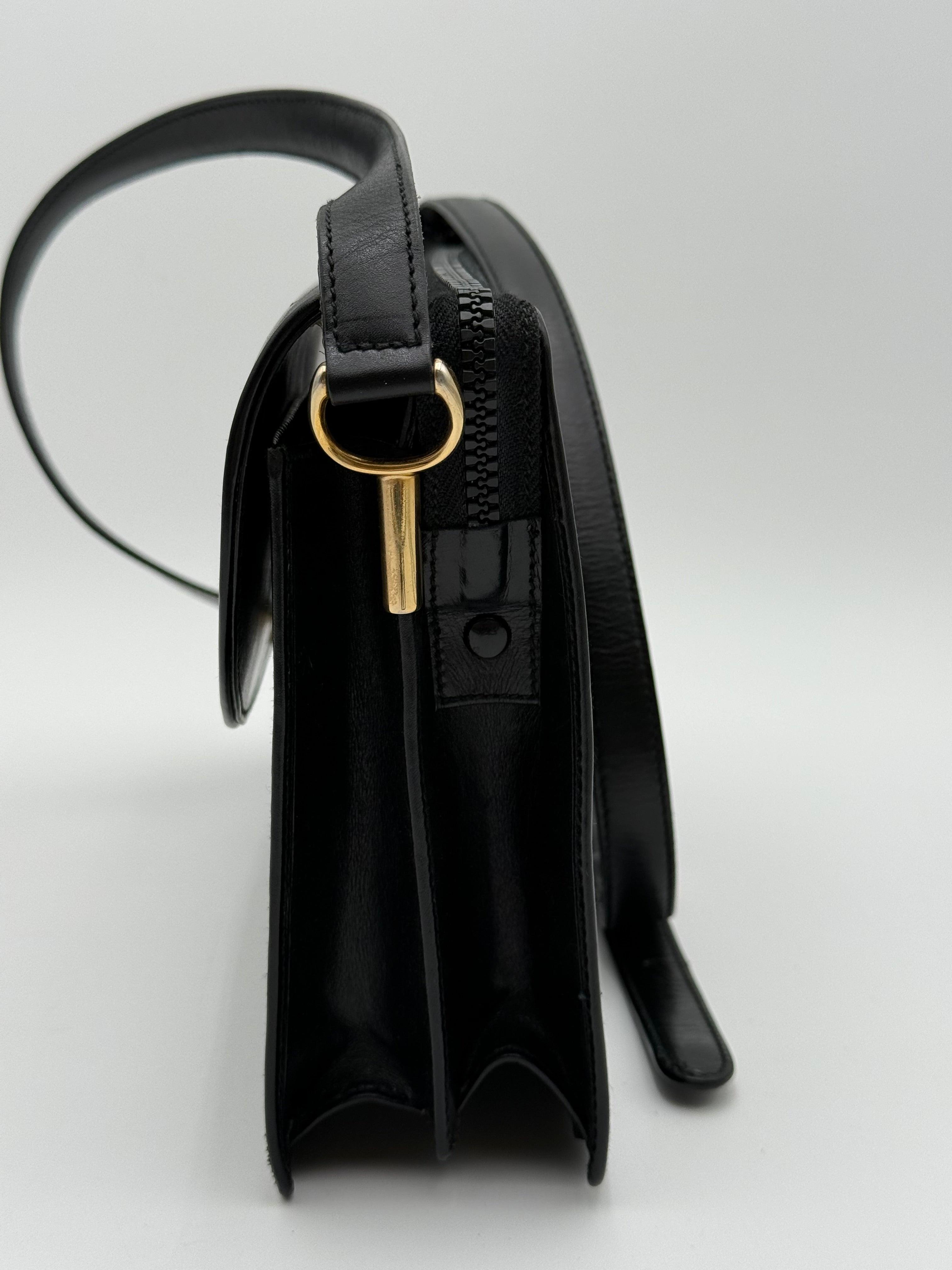 Celine Vintage Black Leather Triomphe Logo Shoulder Bag