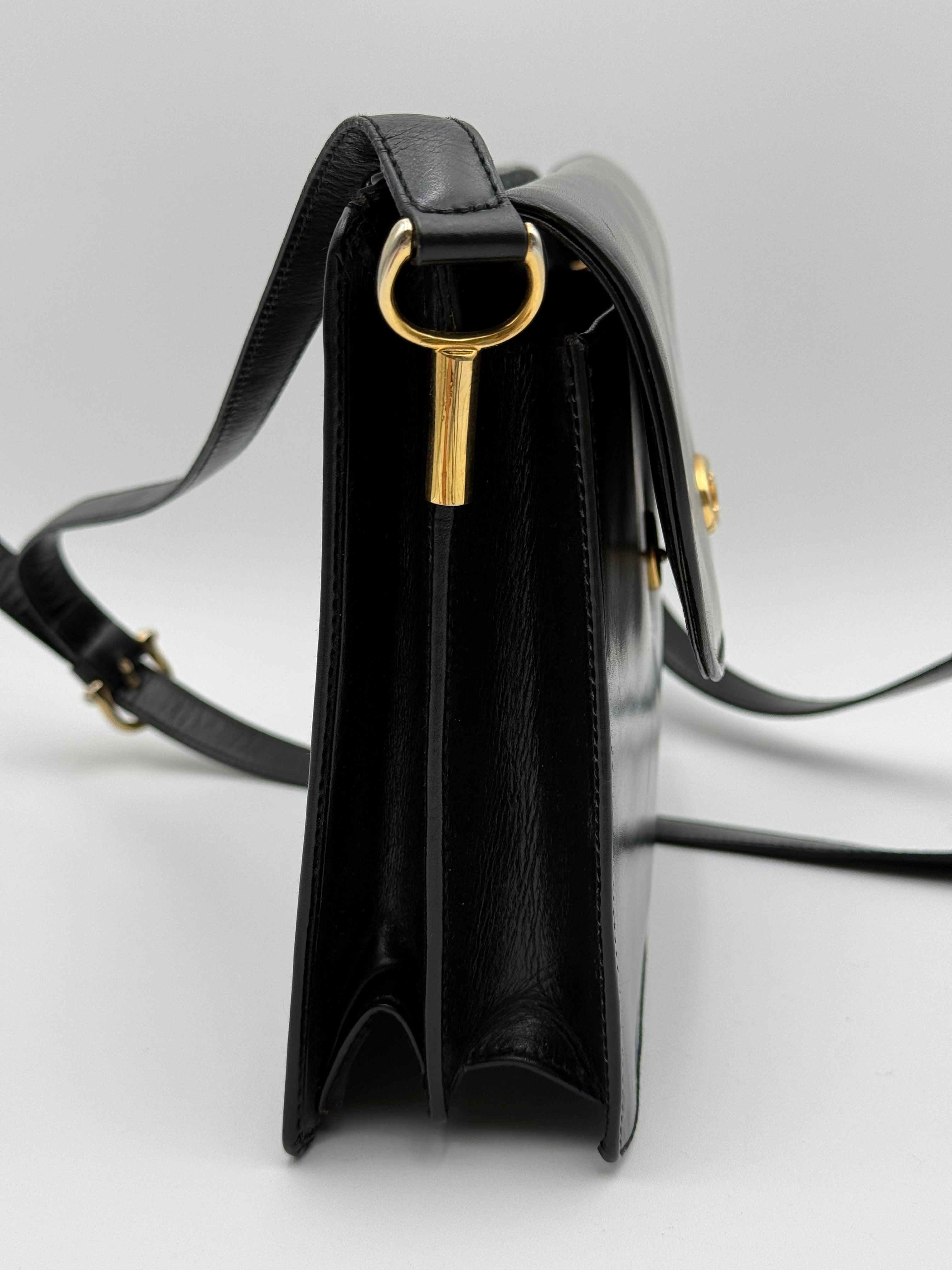 Celine Vintage Black Leather Triomphe Logo Shoulder Bag