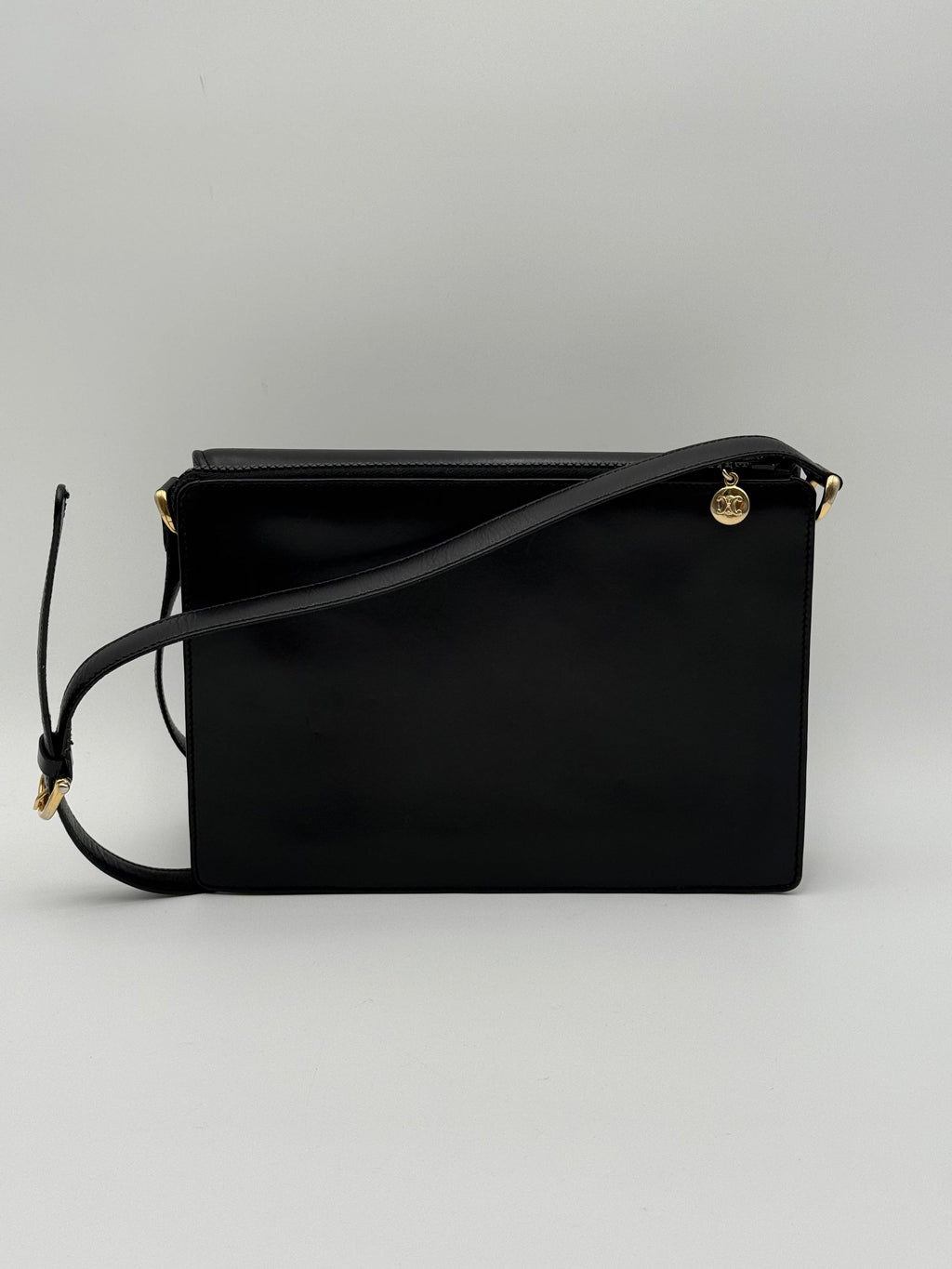 Celine Vintage Black Leather Triomphe Logo Shoulder Bag