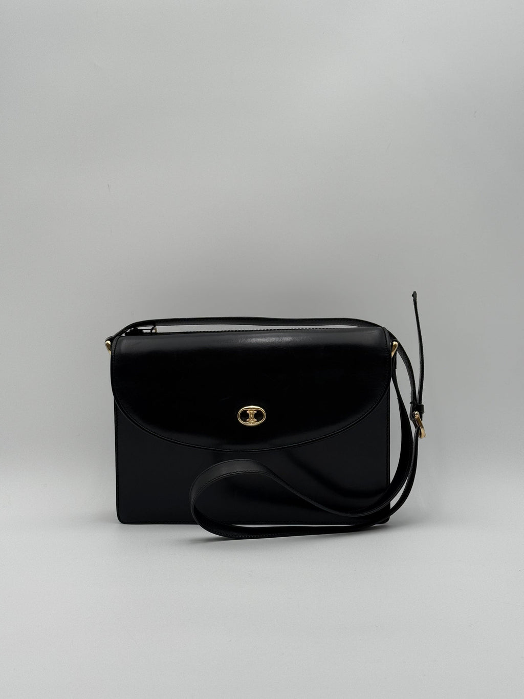 Celine Vintage Black Leather Triomphe Logo Shoulder Bag