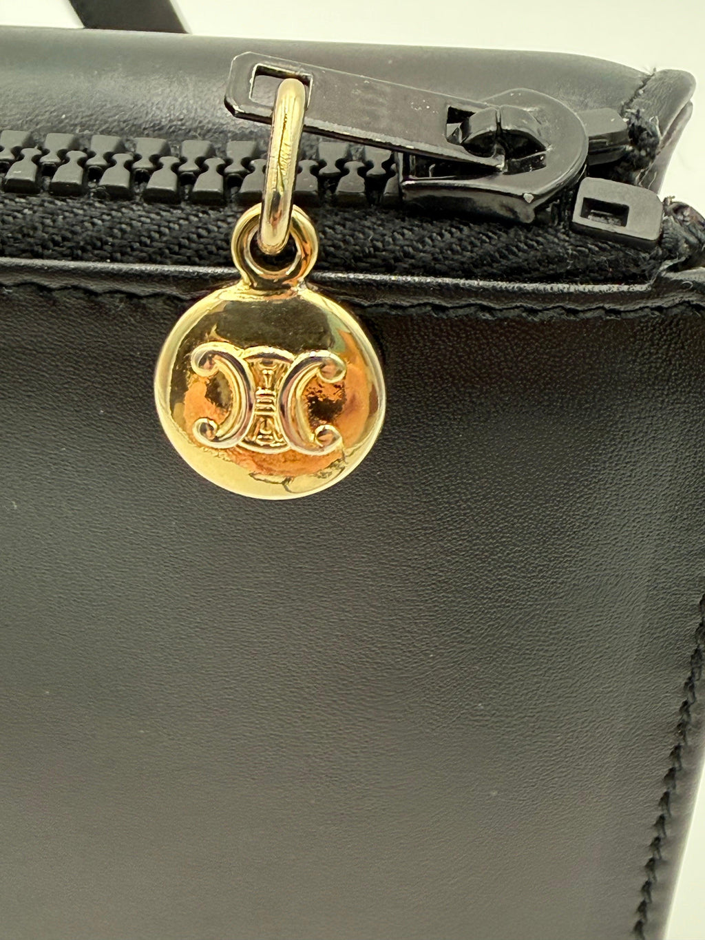 Celine Vintage Black Leather Triomphe Logo Shoulder Bag
