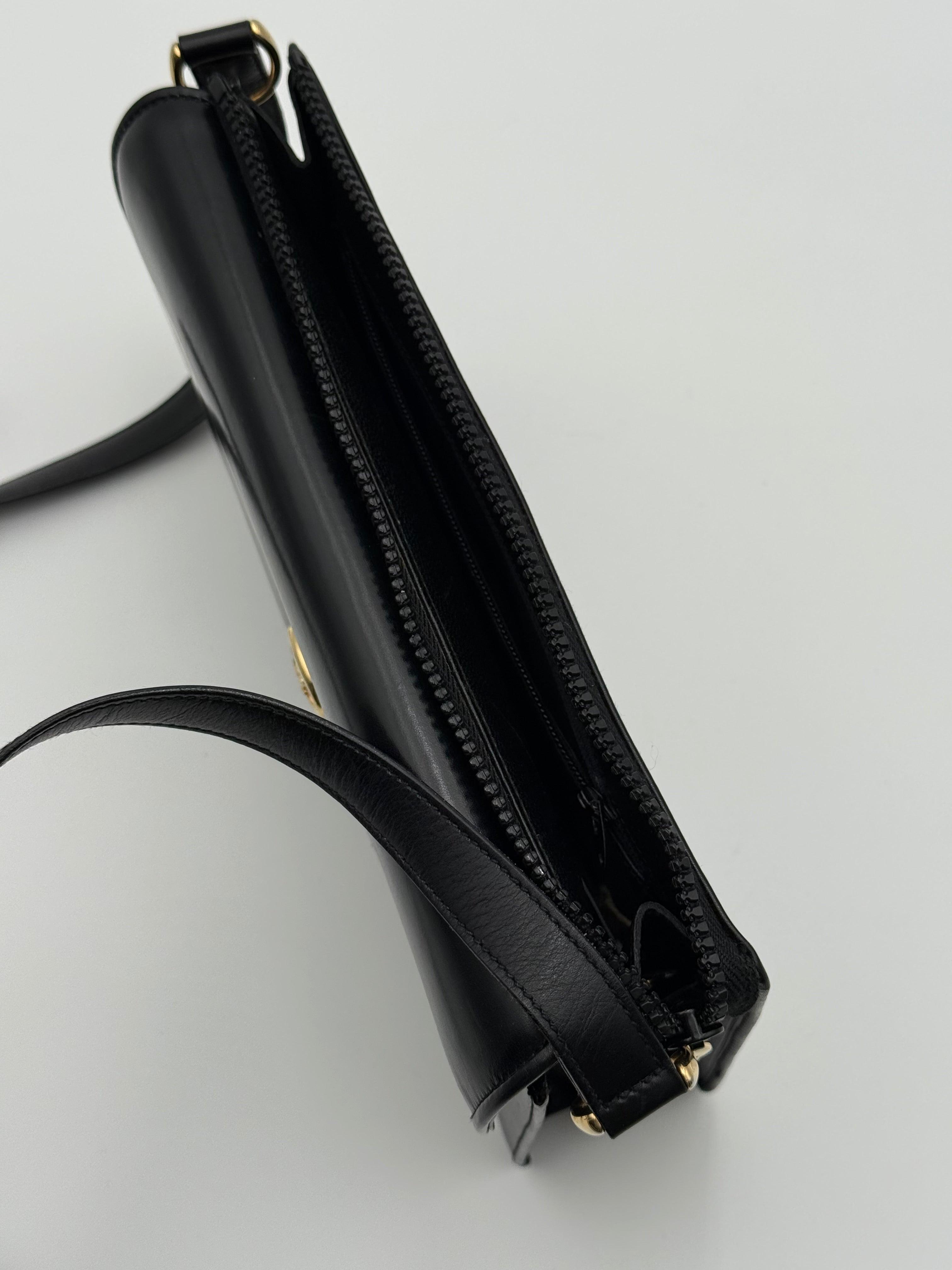 Celine Vintage Black Leather Triomphe Logo Shoulder Bag
