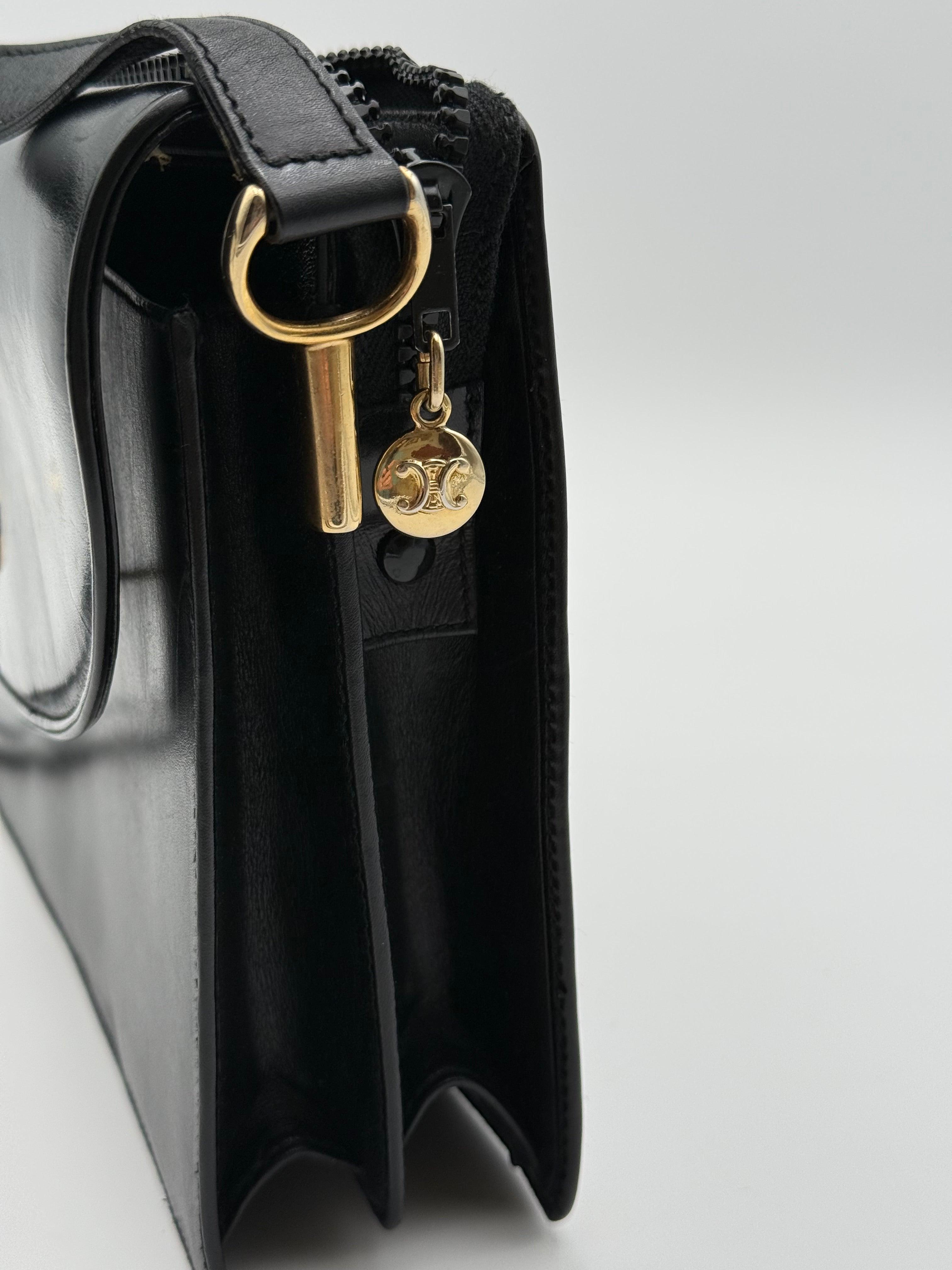 Celine Vintage Black Leather Triomphe Logo Shoulder Bag