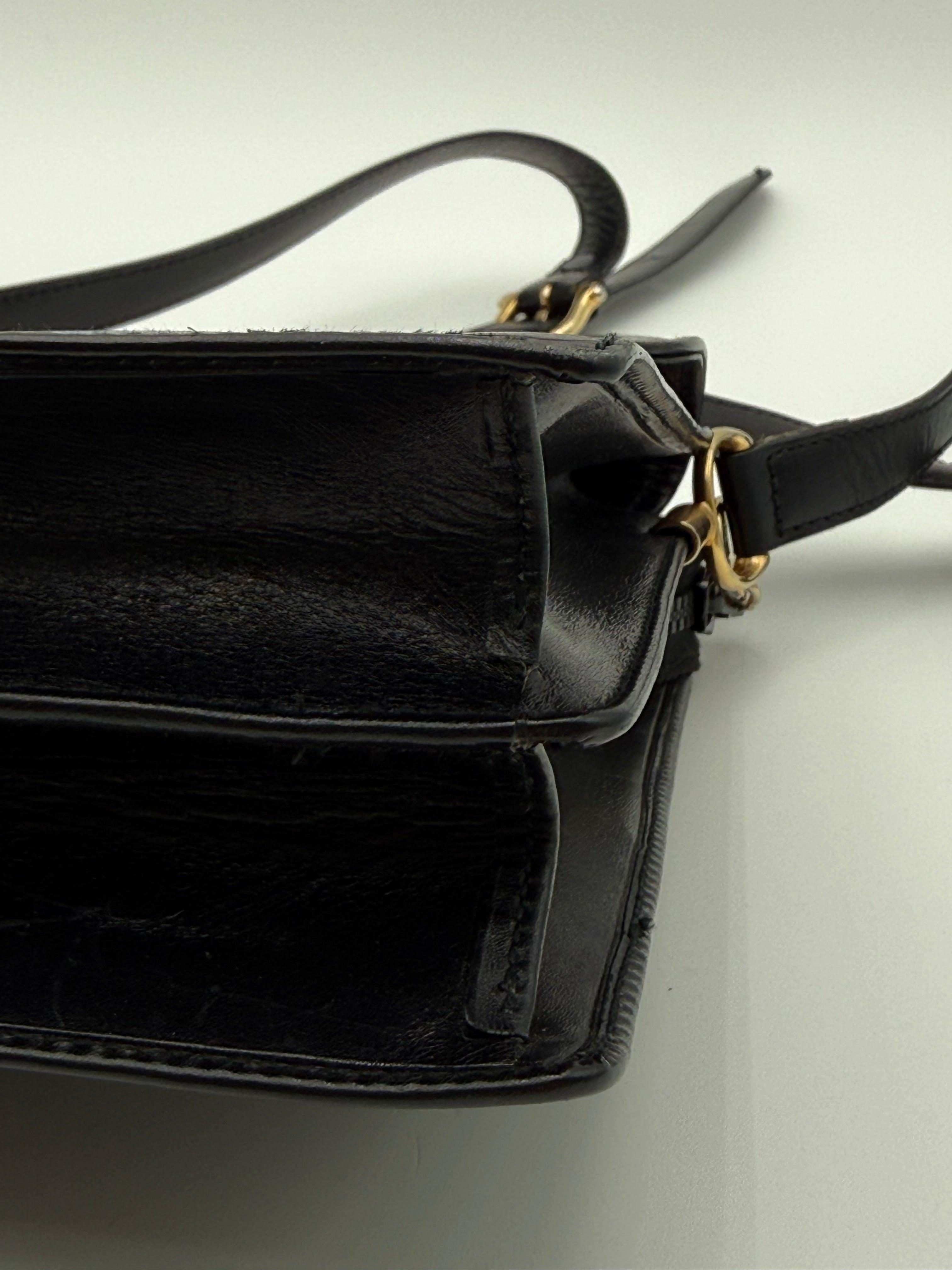 Celine Vintage Black Leather Triomphe Logo Shoulder Bag