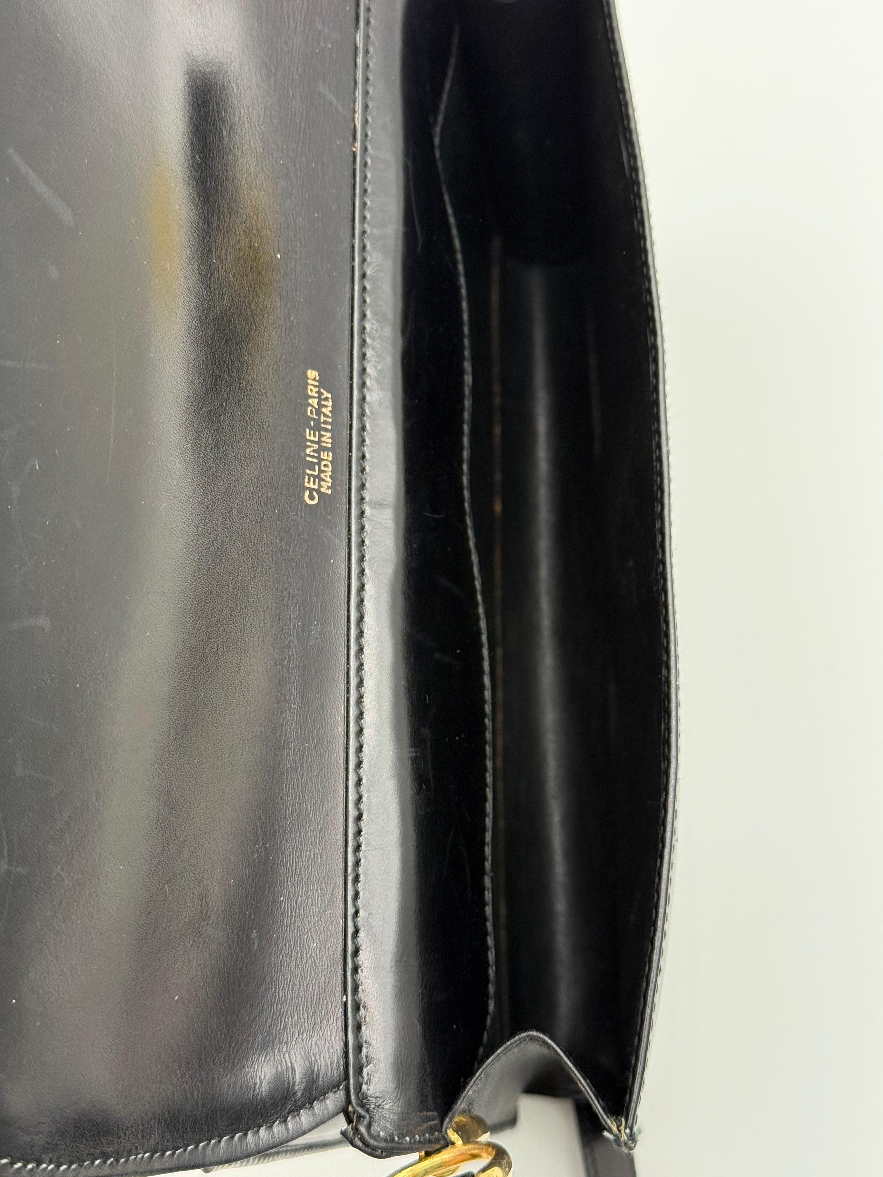 Celine Vintage Black Leather Triomphe Logo Shoulder Bag