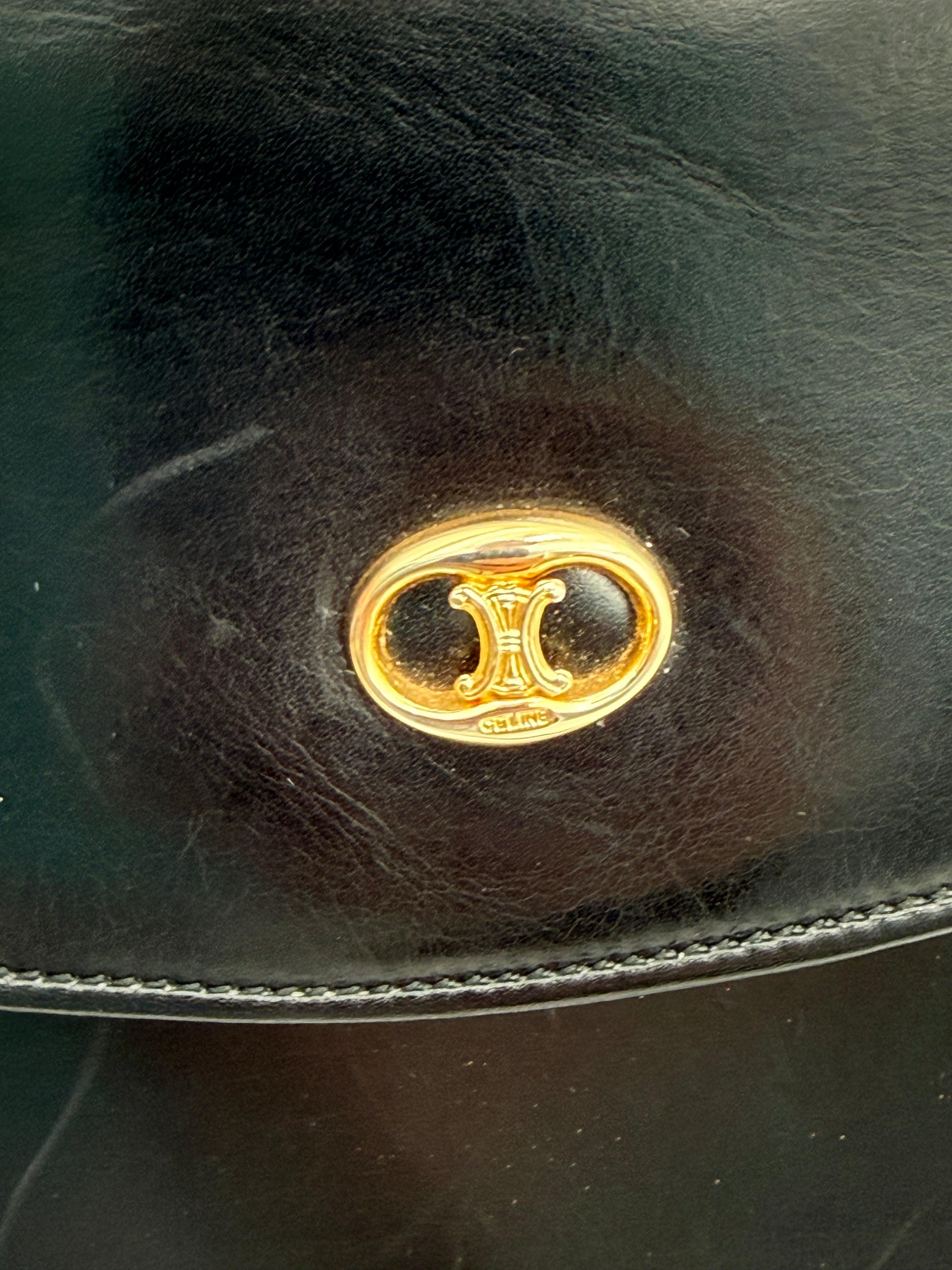 Celine Vintage Black Leather Triomphe Logo Shoulder Bag