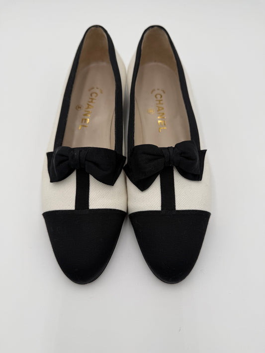 Chanel Ballerine Vintage in tessuto Bicolore Bianco e Nero