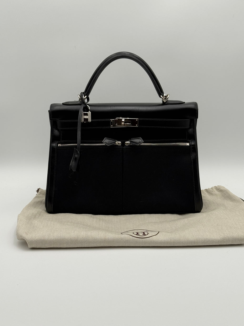 Borsa Hermès kelly Lakis 32 Vintage in Pelle Box e Tela Toile Nera