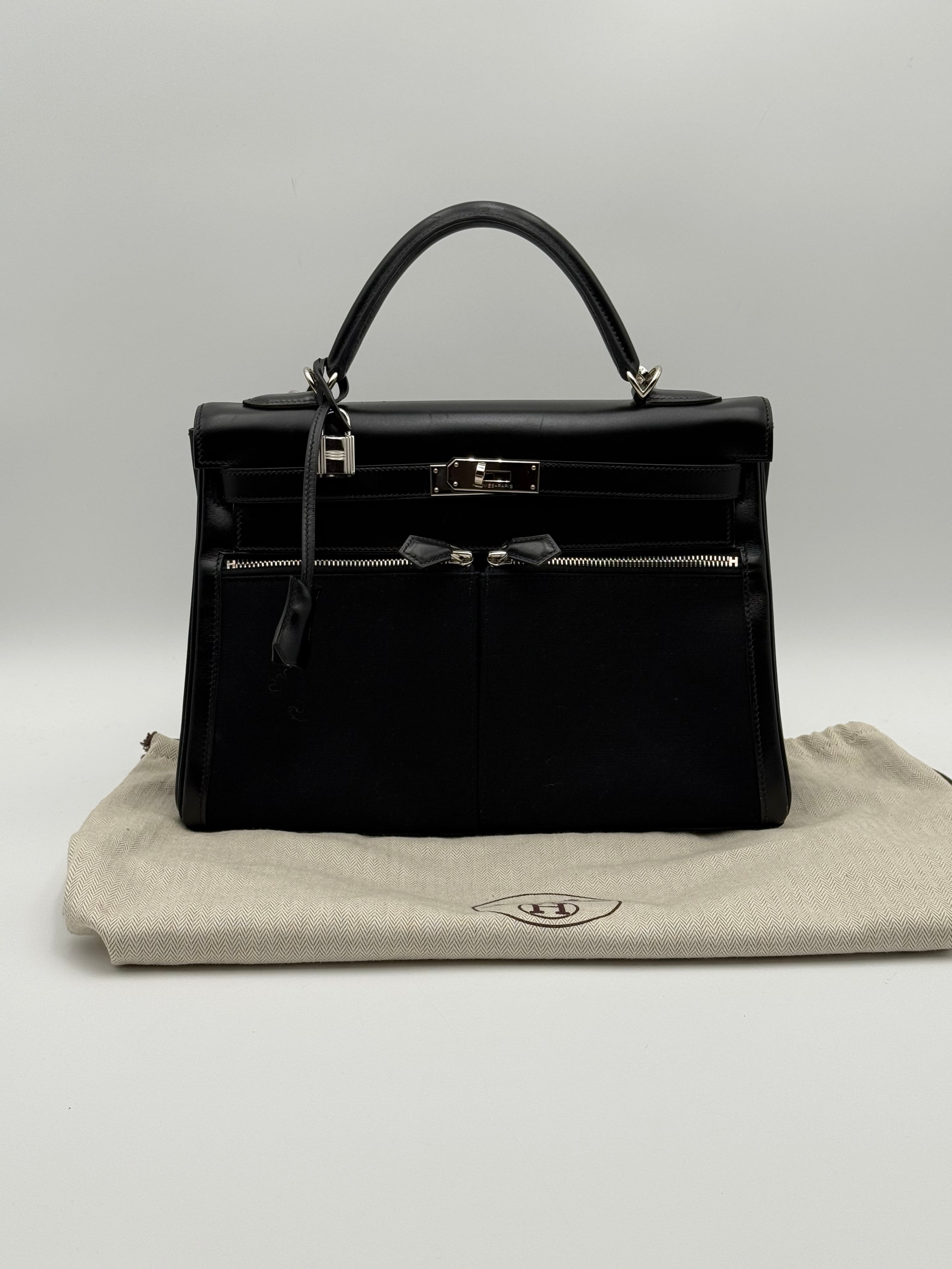 Borsa Hermès kelly Lakis 32 Vintage in Pelle Box e Tela Toile Nera