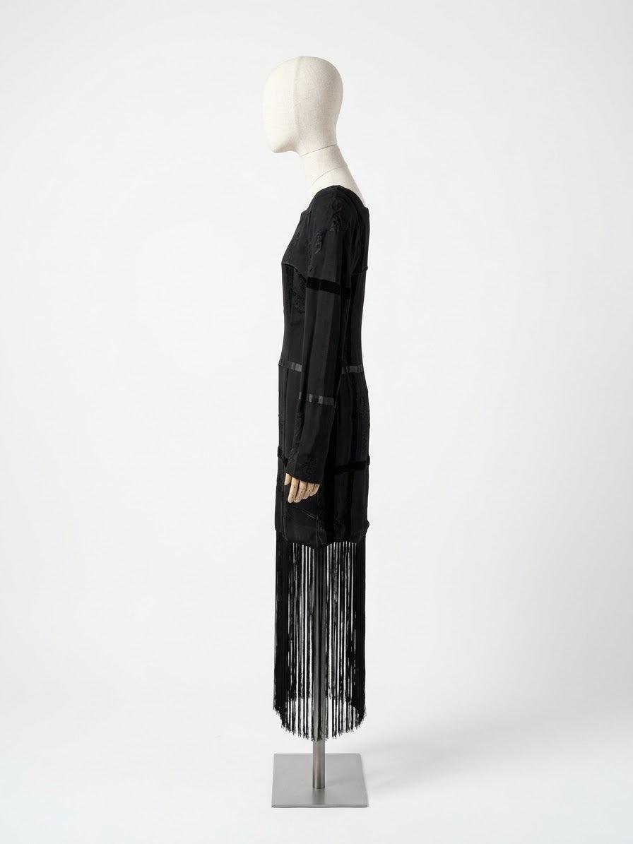 Dolce e Gabbana Abito Midi Deco Vintage con Frange Nero - Mercatino di Ninni