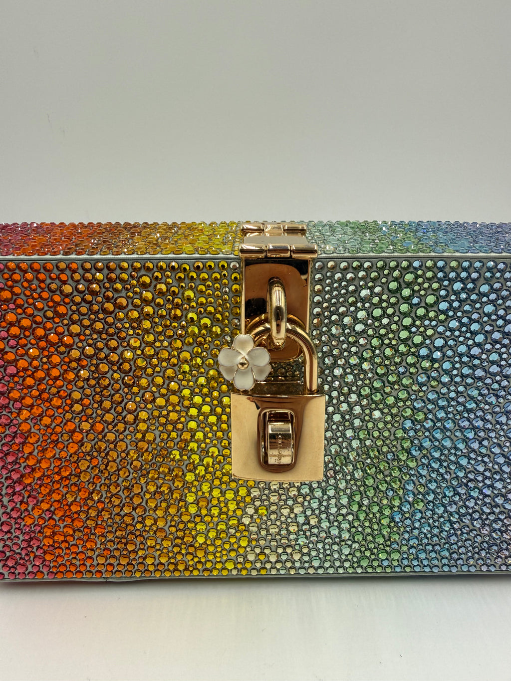 Dolce e Gabbana Clutch Rigida Jewel in Cristalli Multicolor con Tracolla Oro - Mercatino di Ninni