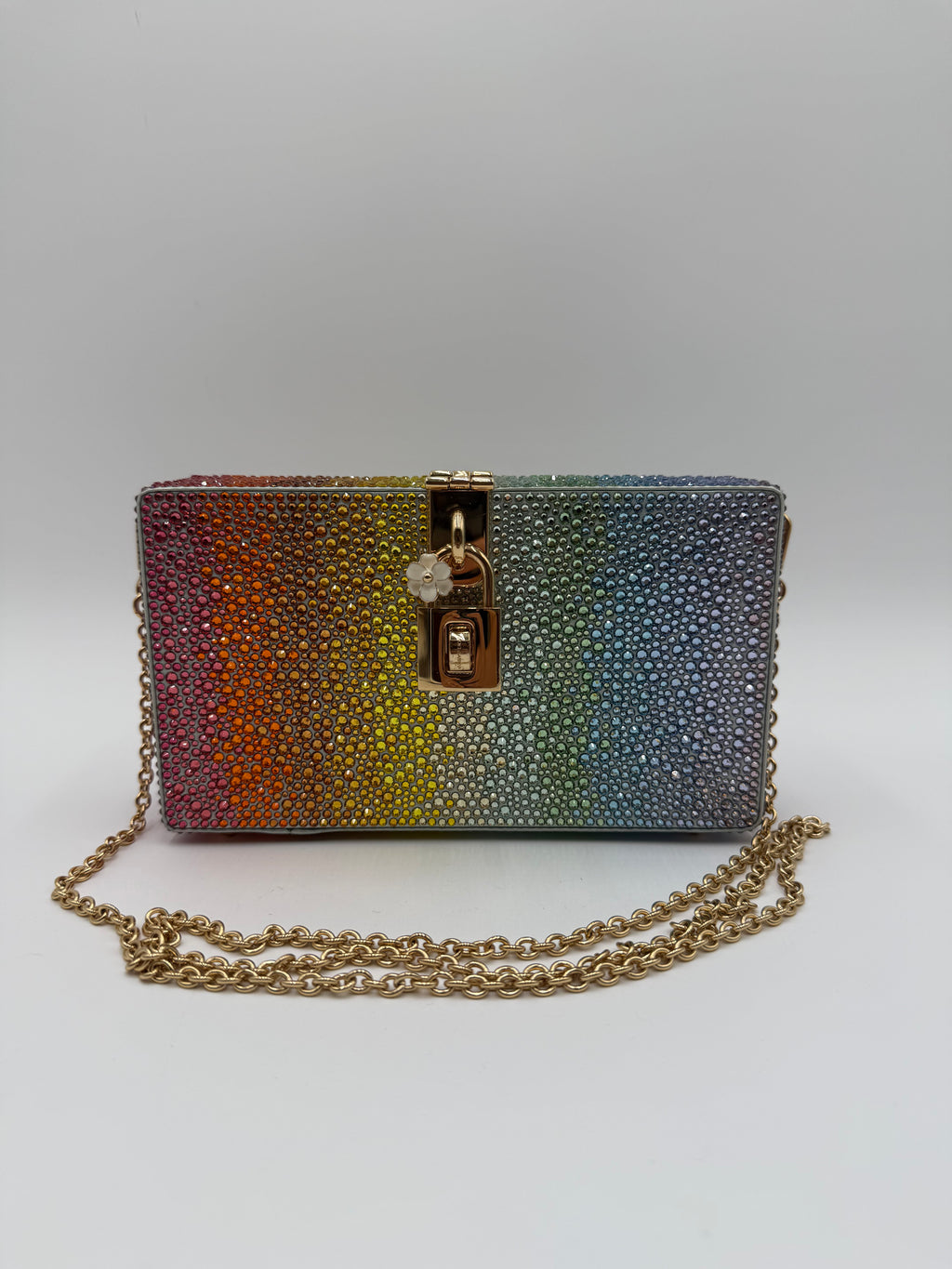 Dolce e Gabbana Clutch Rigida Jewel in Cristalli Multicolor con Tracolla Oro - Mercatino di Ninni