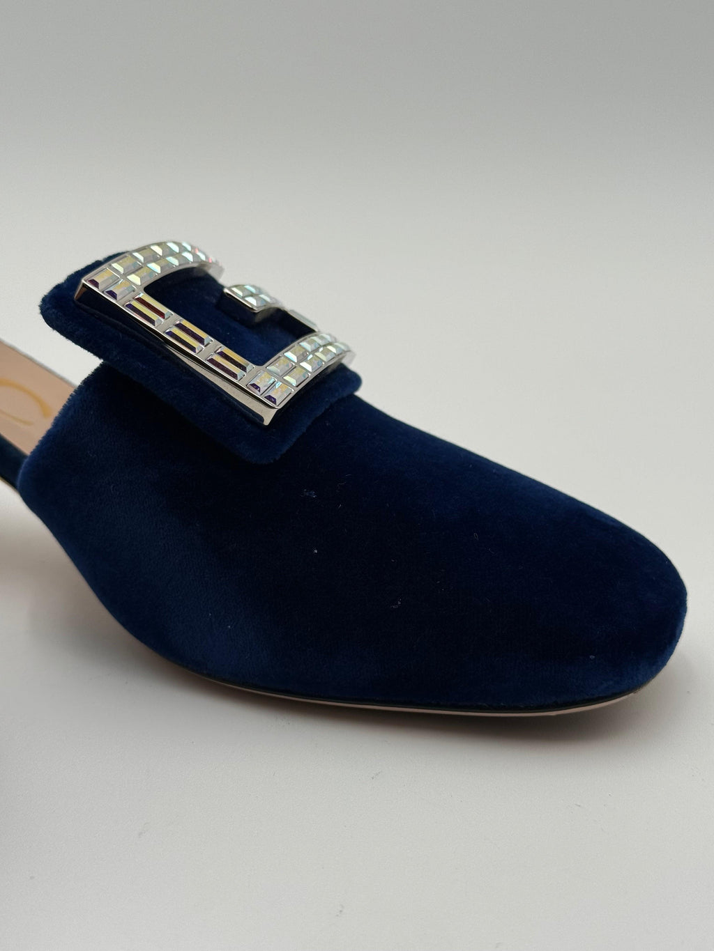 Gucci Madelyn Blue Velvet Mules with Crystal G Buckle