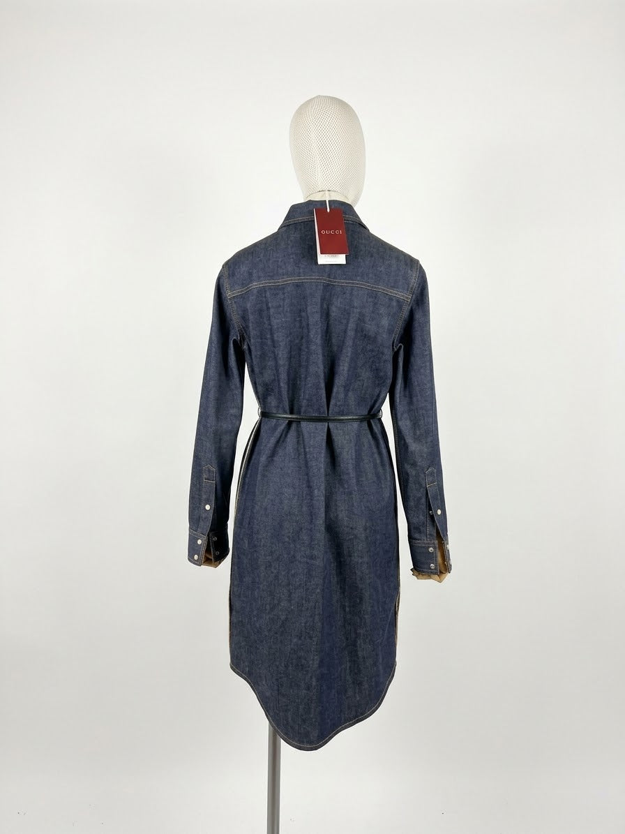 Gucci Abito Chemisier in  Denim Scuro con Cintura e Banda Logo