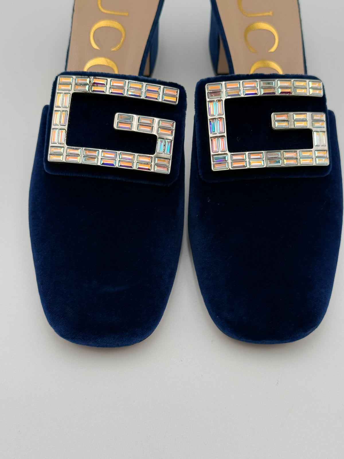 Gucci Madelyn Blue Velvet Mules with Crystal G Buckle