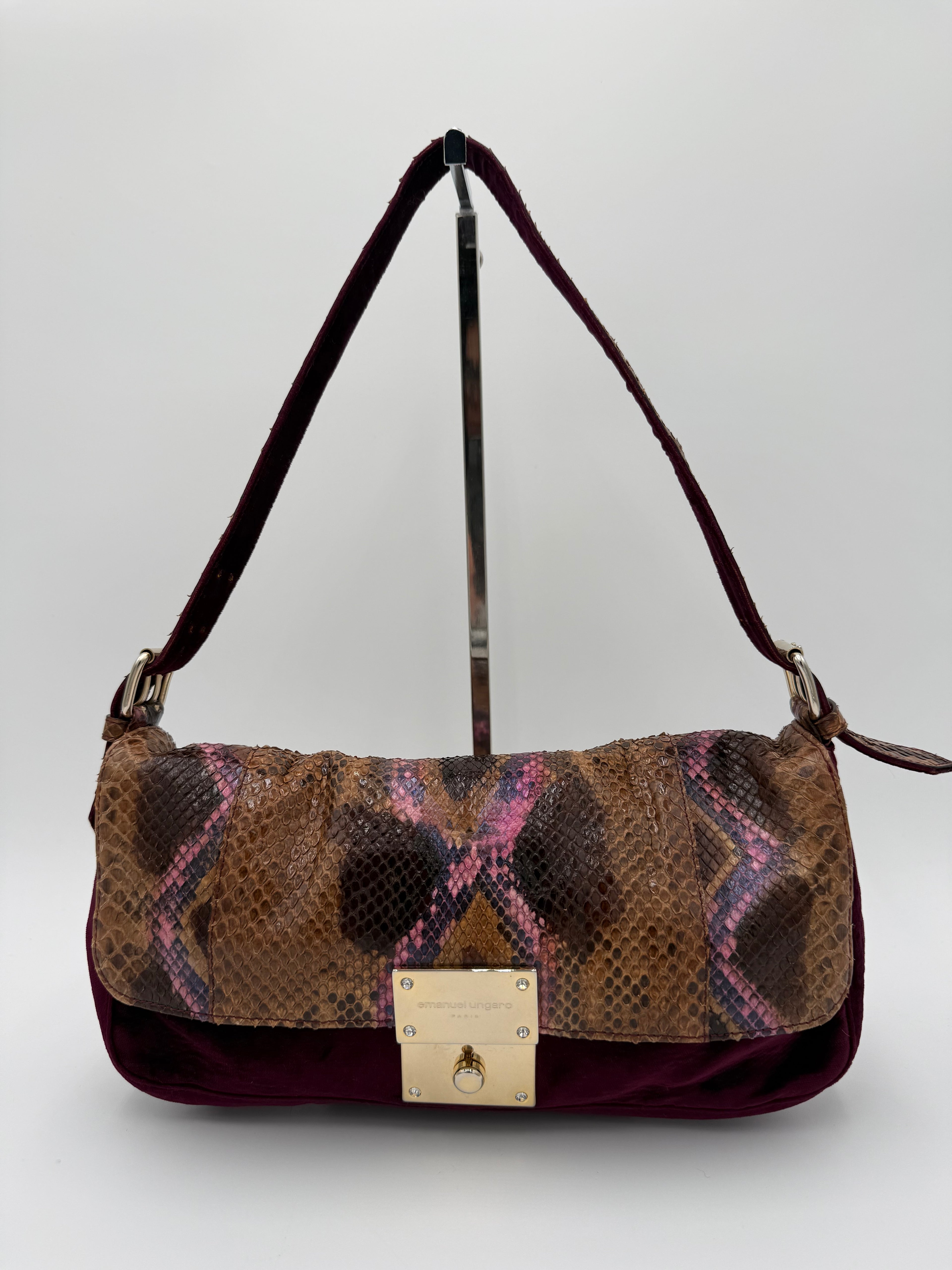 Emanuel Ungaro Borsa Baguette Pitone e Velluto Bordeaux - Mercatino di Ninni